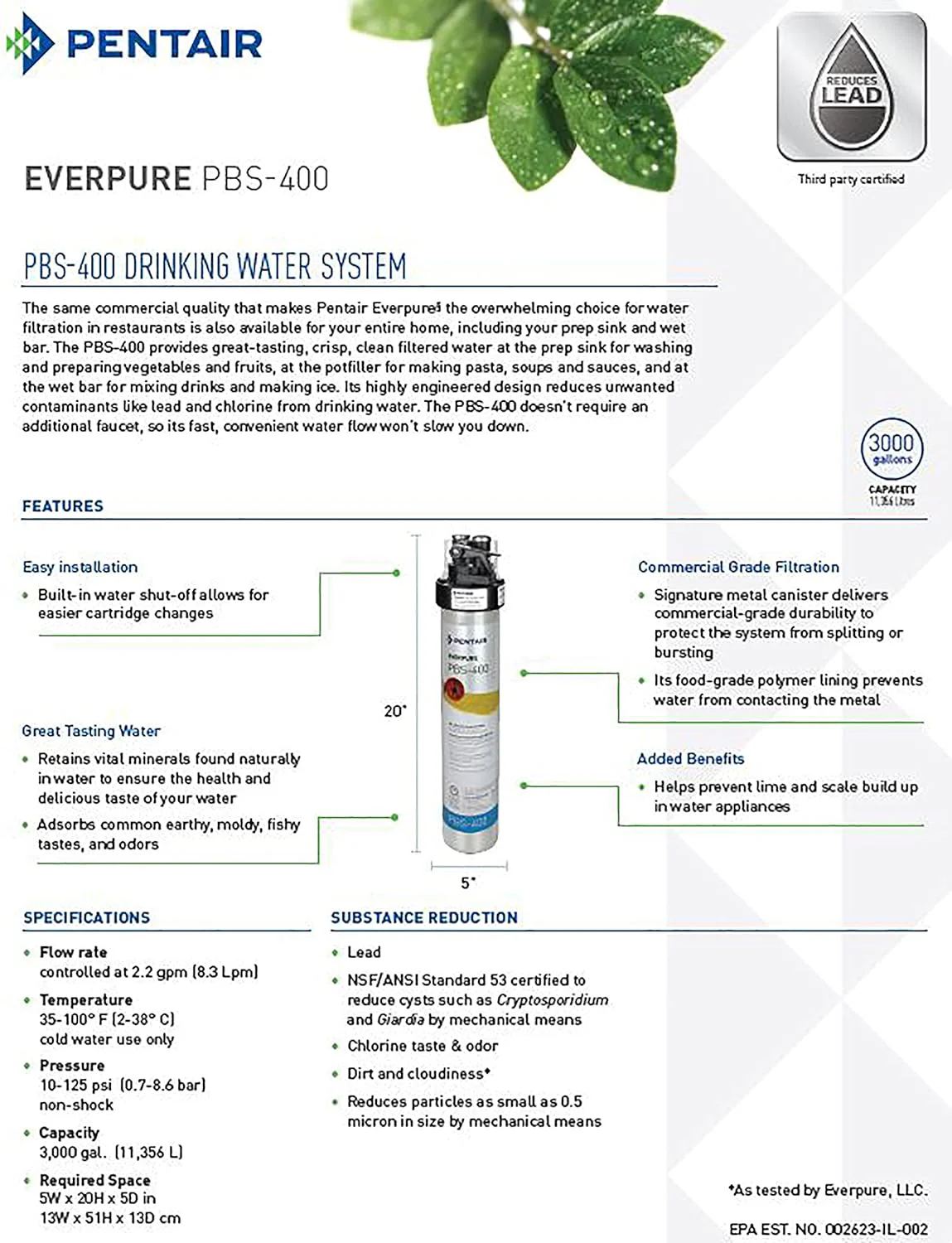 Pentair Everpure PBS-400 Quick-Change Filter Cartridge, For Use In Everpure PBS-400 Drinking Water System, 3,000 Gallon Capacity, 0.5 Micron (EV927086) - Image 5