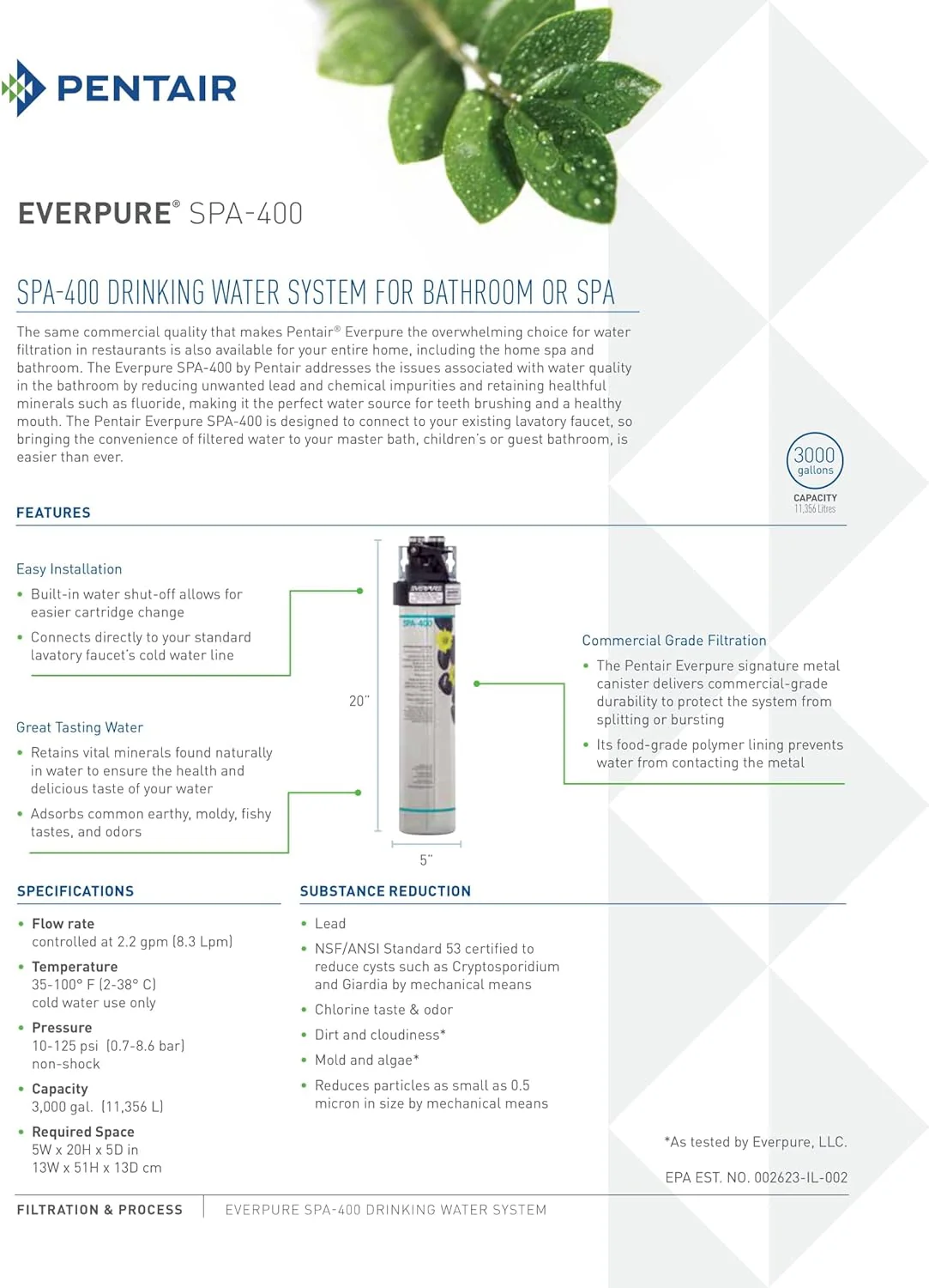 Pentair Everpure SPA-400 Quick-Change Filter Cartridge, EV927091, For Use in Everpure SPA-400 Drinking Water System, 3,000 Gallon Capacity, 0.5 Micron - Image 5