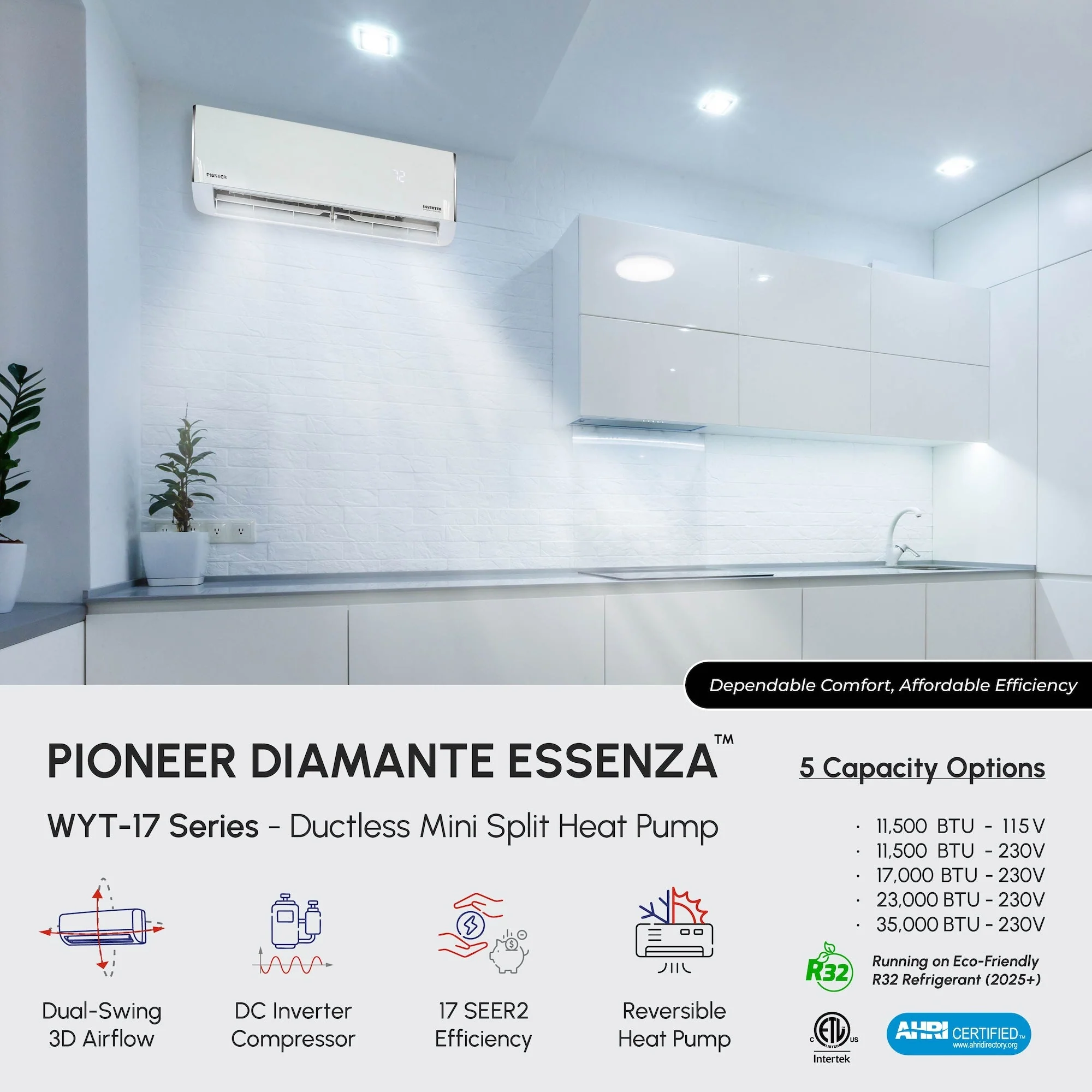 Pioneer® Diamante Essenza™ 11,500 BTU 17 SEER2 230V High-Wall Ductless Mini-Split Air Conditioner Inverter Heat Pump with 16 Ft. Kit (WYT012GLUI17RL) - Image 4