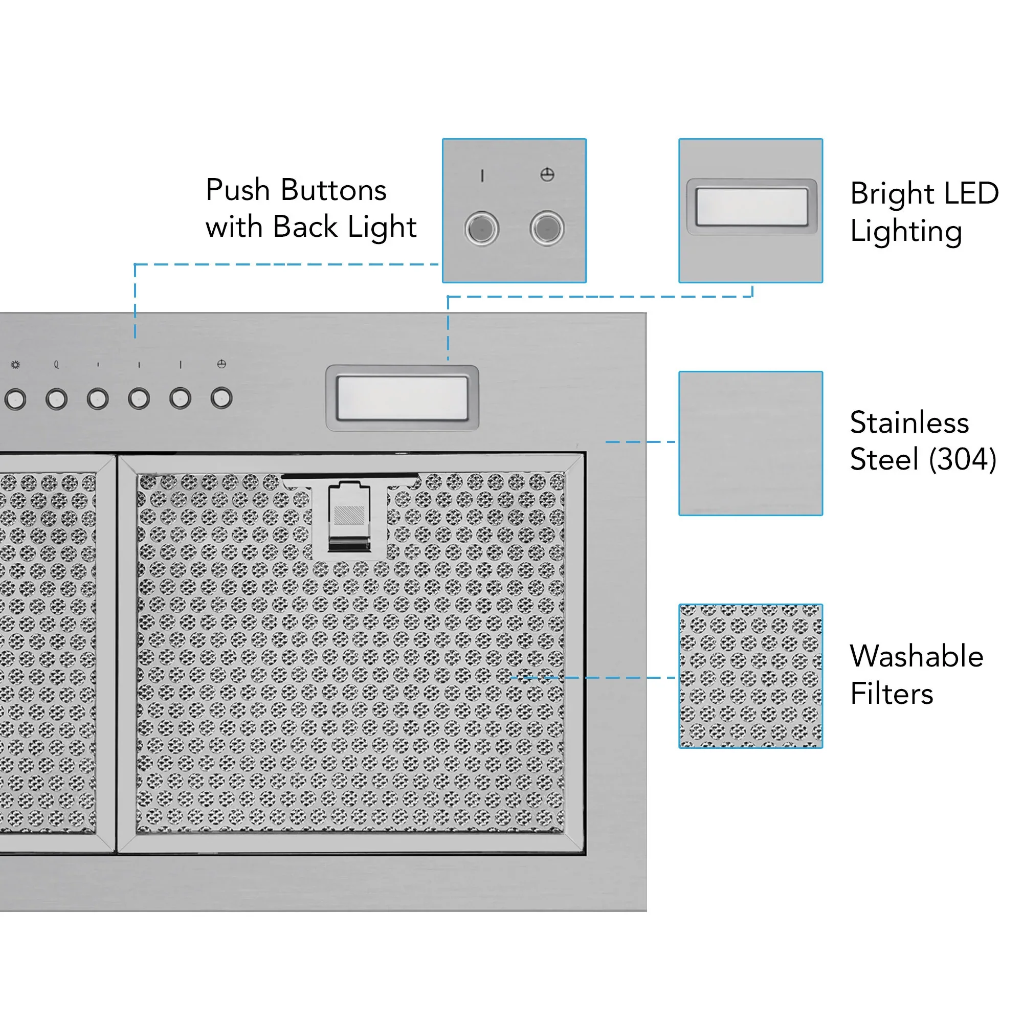 Victory 21-Inch 600 CFM Insert Range Hood with 4-Speed Push Button in Stainless Steel, Bright LED Lights, Auto-Shutoff Timer (Q6-21) - Image 3