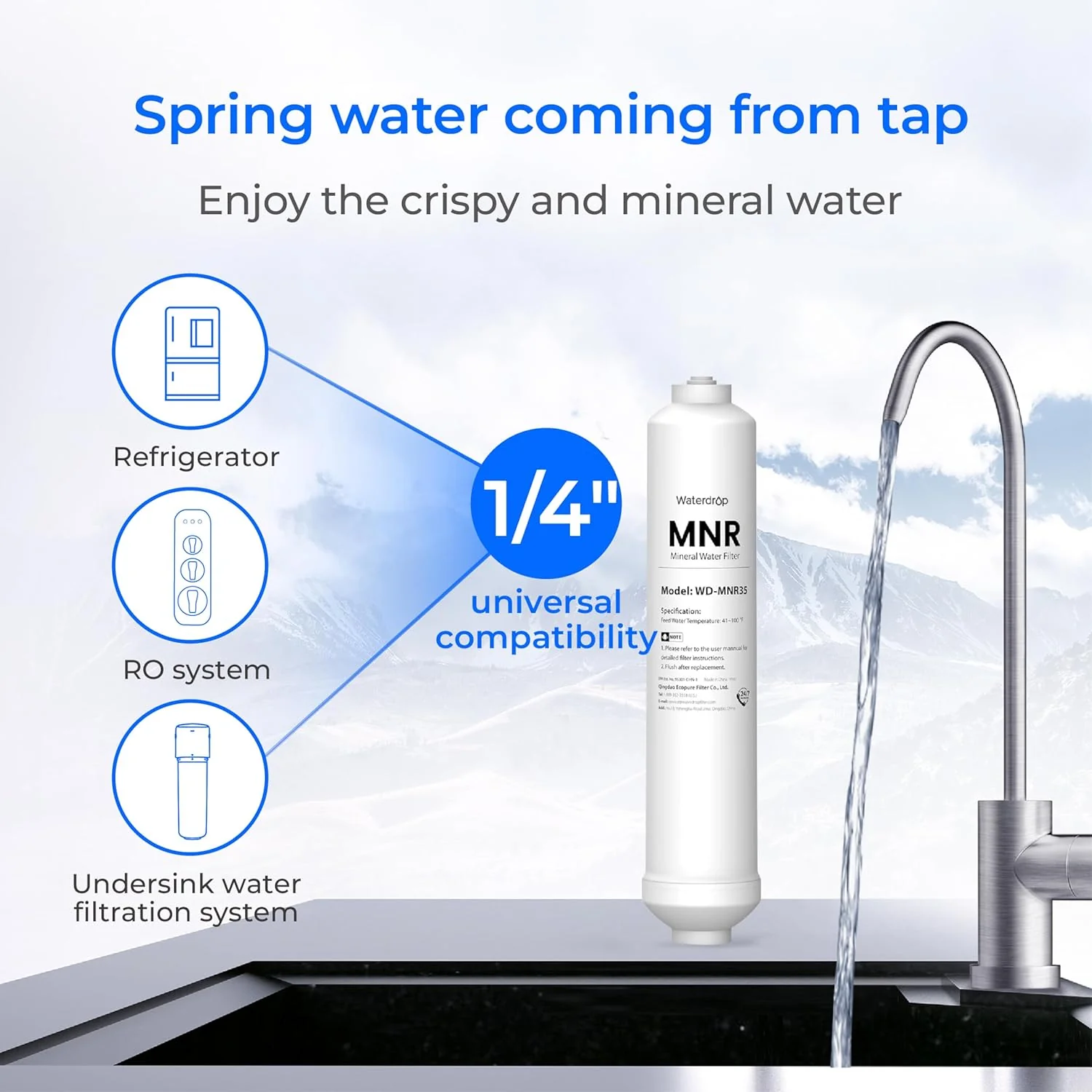 Waterdrop Remineralization Filter 1/4" Quick Connect Mineral Filter for Reverse Osmosis System with WD-ALK16, Alkaline Water Filter 9.5 pH Mineralization (WD-MNR35) - Image 2