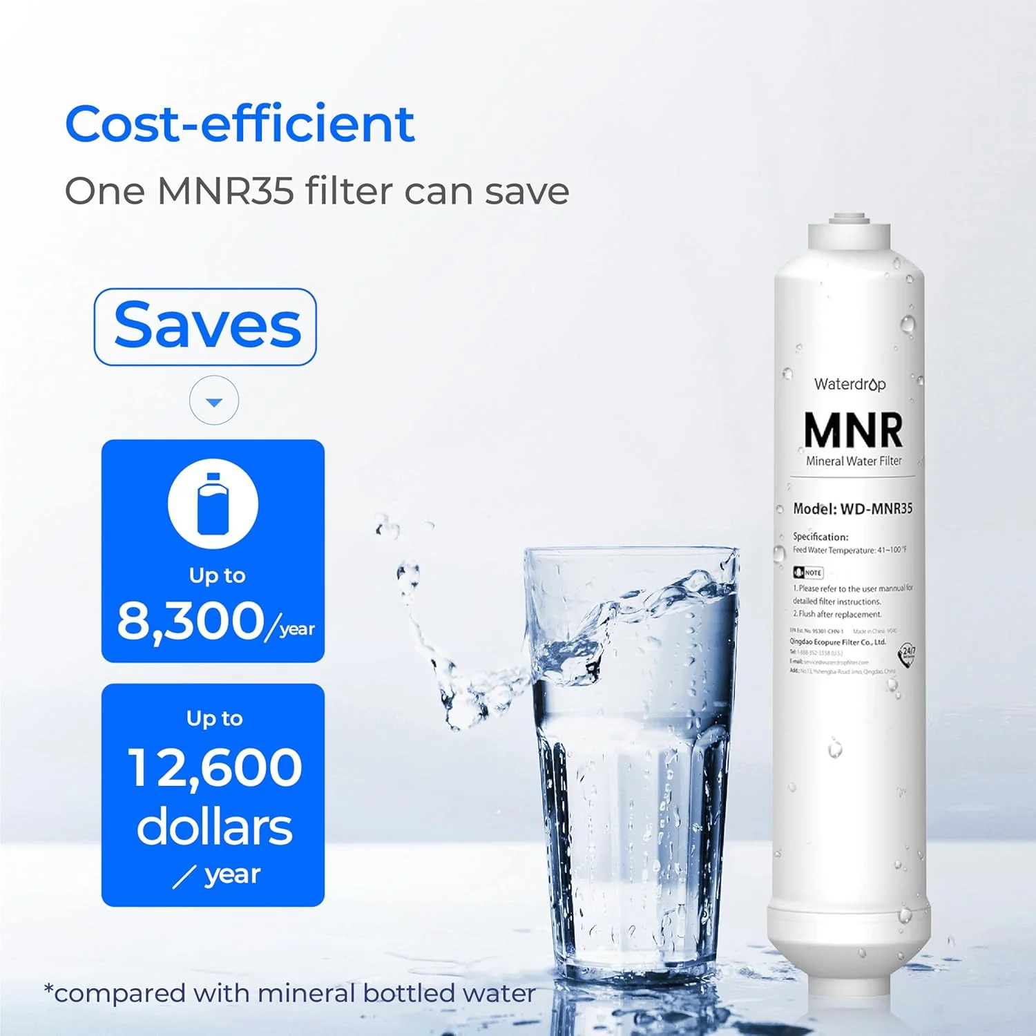 Waterdrop Remineralization Filter 1/4" Quick Connect Mineral Filter for Reverse Osmosis System with WD-ALK16, Alkaline Water Filter 9.5 pH Mineralization (WD-MNR35) - Image 6