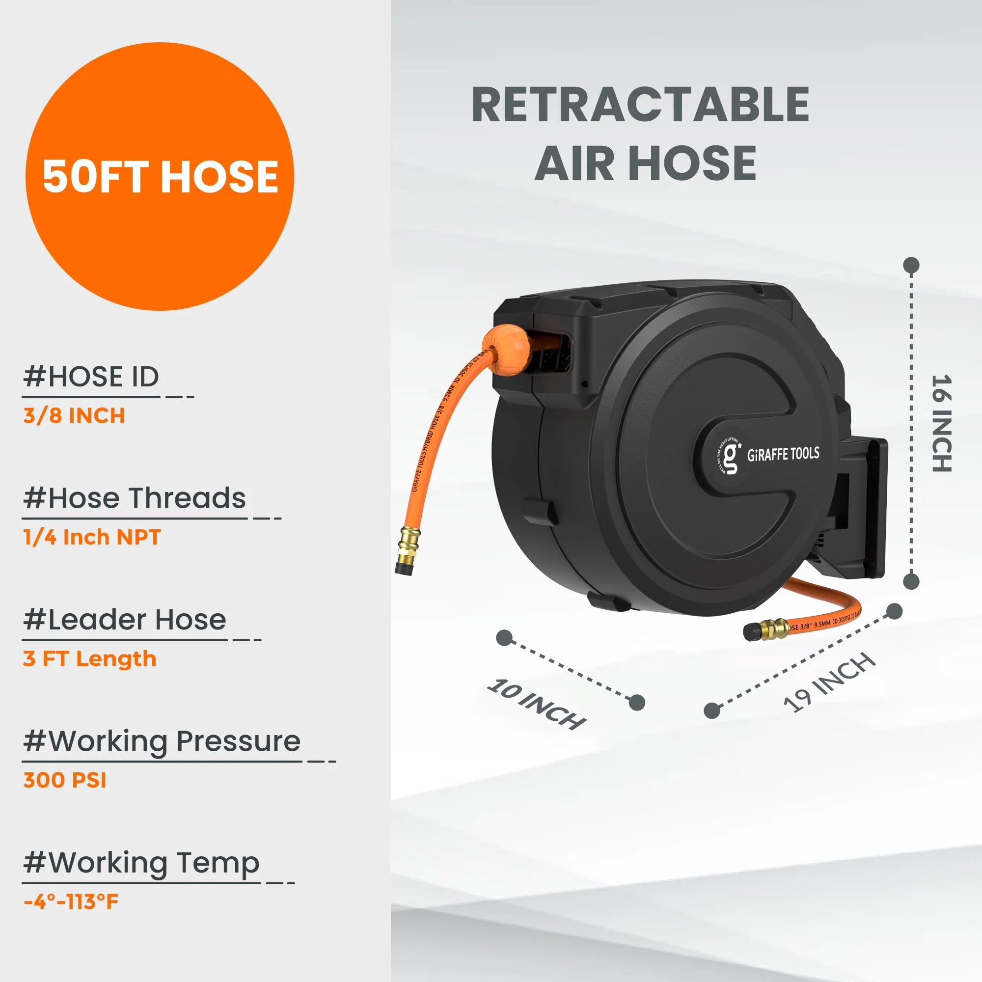 Giraffe Tools 3/8-Inch, 50 Ft. Retractable Air Hose Reel-PP Housing (AWA15US) - Image 8