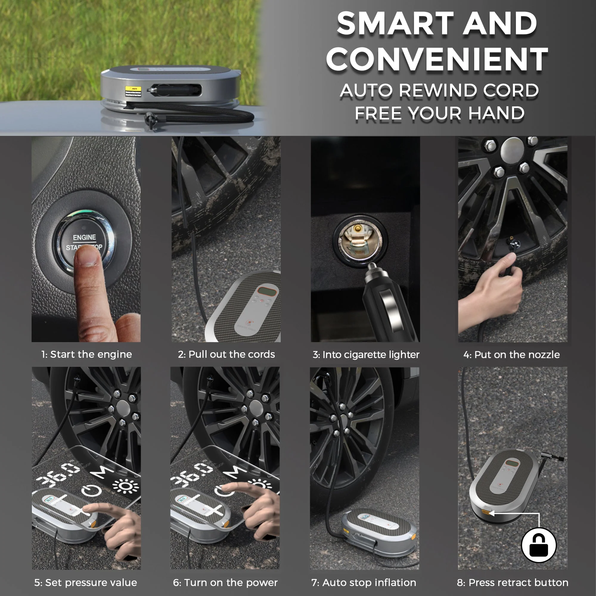 Giraffe Tools 150 PSI Retractable Car Tire Inflator with Memory Function - Image 9