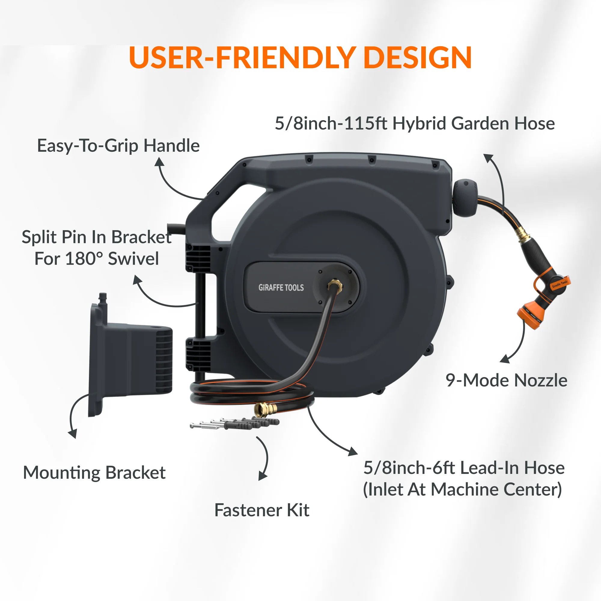 Giraffe Tools Retractable Garden Hose Reel-5/8 in-115ft with 9-mode (AW5058US) - Image 11