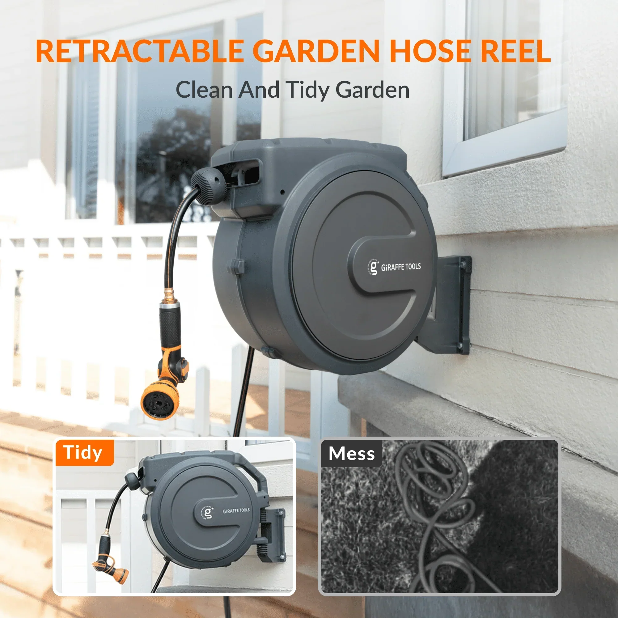 Giraffe Tools 62 Ft.- 155 Ft. Retractable Garden Hose Reel with Adjustable 9-pattern Nozzle - Image 3