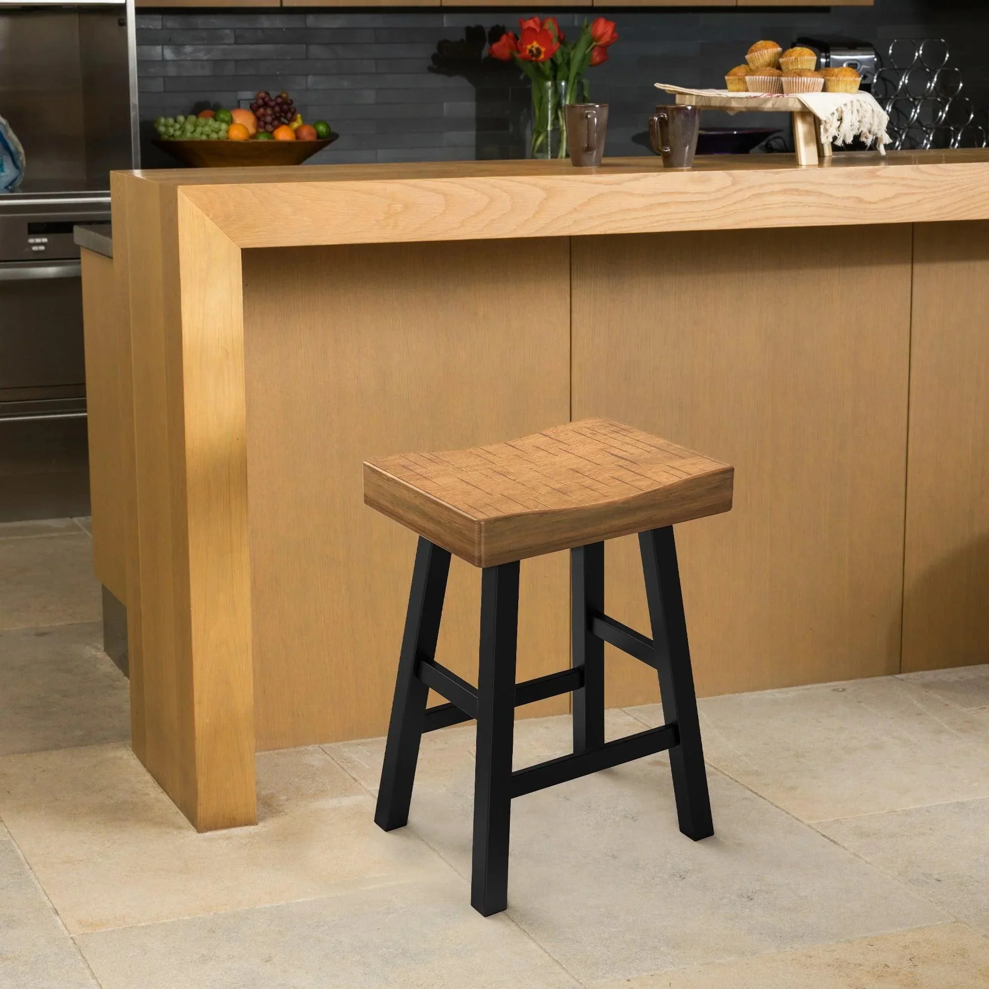 Parrot Uncle Set of 2 Farmhouse Solid Wood Bar Stools - Backless Saddle Seat Counter Height Chairs for Kitchen Island, Breakfast Nook & Home Office - Image 11