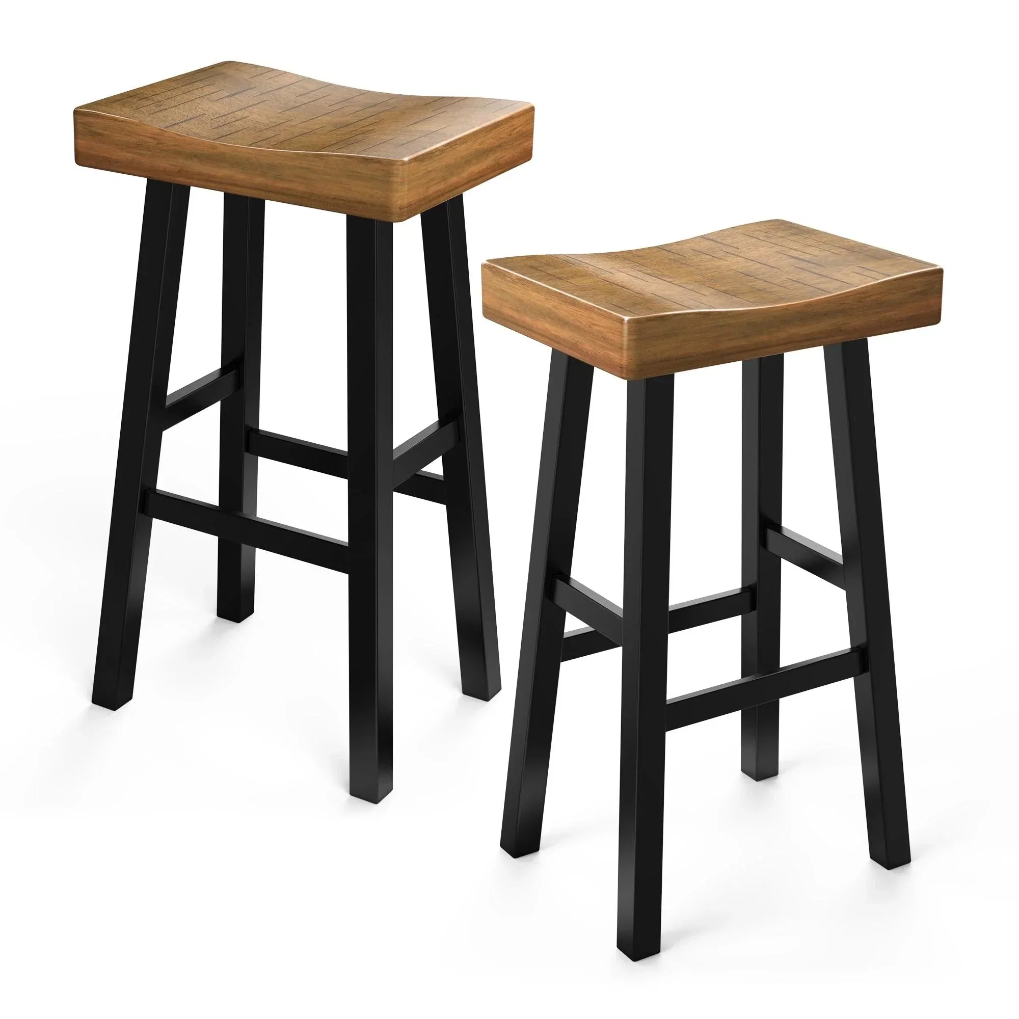 Parrot Uncle Set of 2 Farmhouse Solid Wood Bar Stools - Backless Saddle Seat Counter Height Chairs for Kitchen Island, Breakfast Nook & Home Office - Image 2