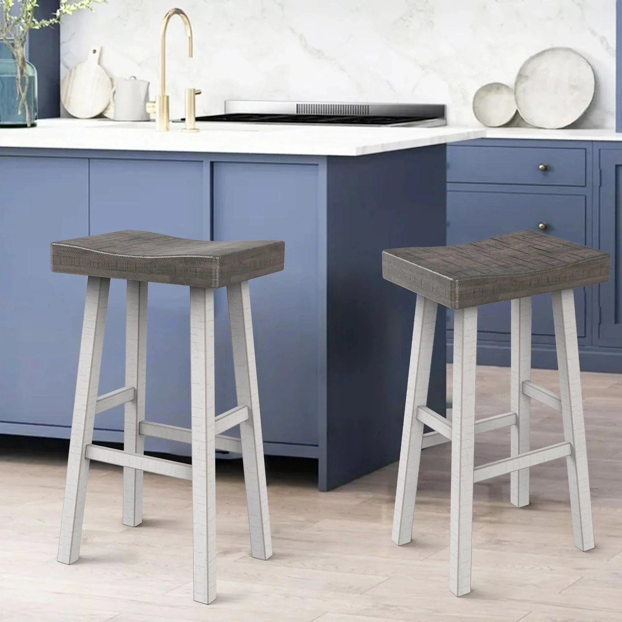 Parrot Uncle Set of 2 Farmhouse Solid Wood Bar Stools - Backless Saddle Seat Counter Height Chairs for Kitchen Island, Breakfast Nook & Home Office - Image 27