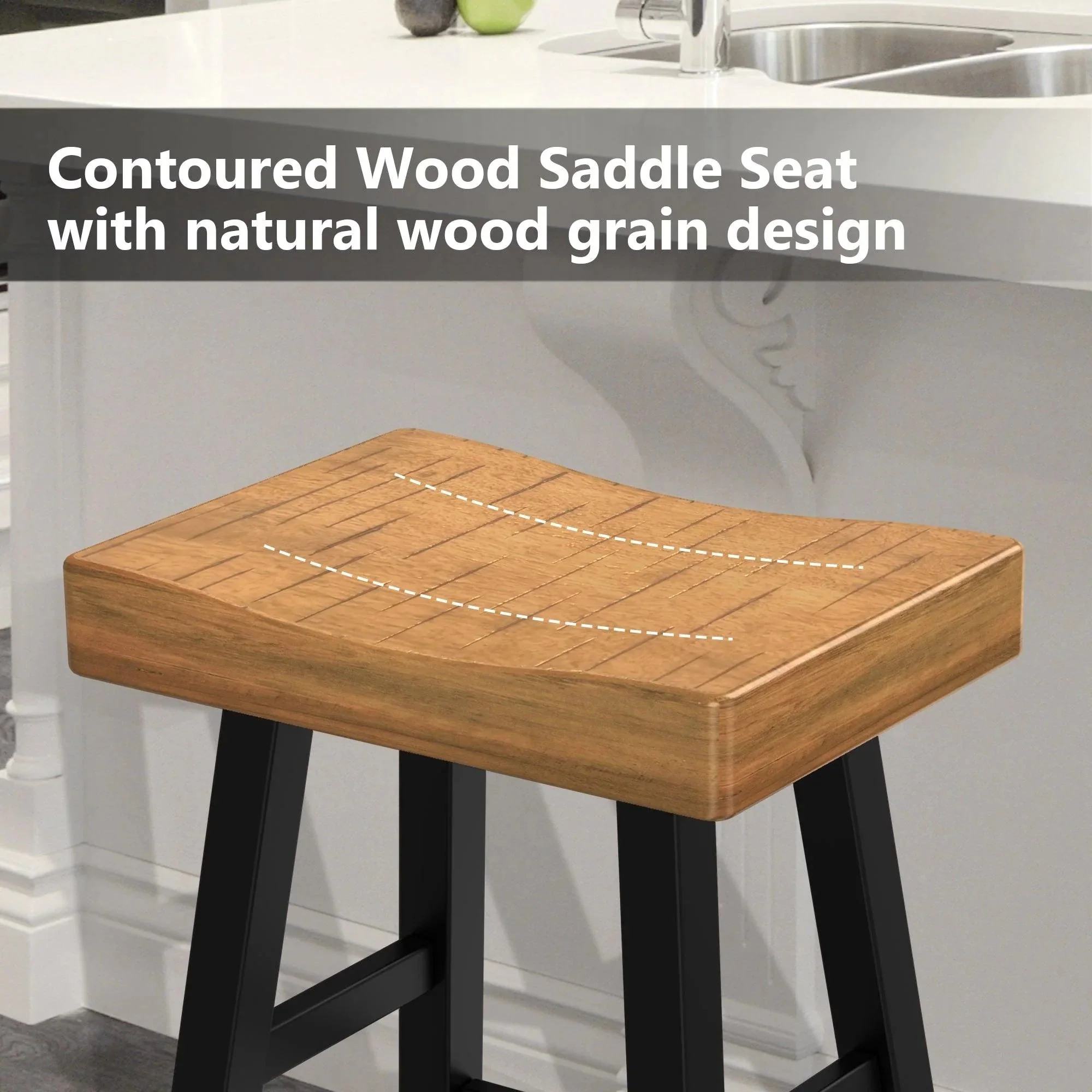 Parrot Uncle Set of 2 Farmhouse Solid Wood Bar Stools - Backless Saddle Seat Counter Height Chairs for Kitchen Island, Breakfast Nook & Home Office - Image 3