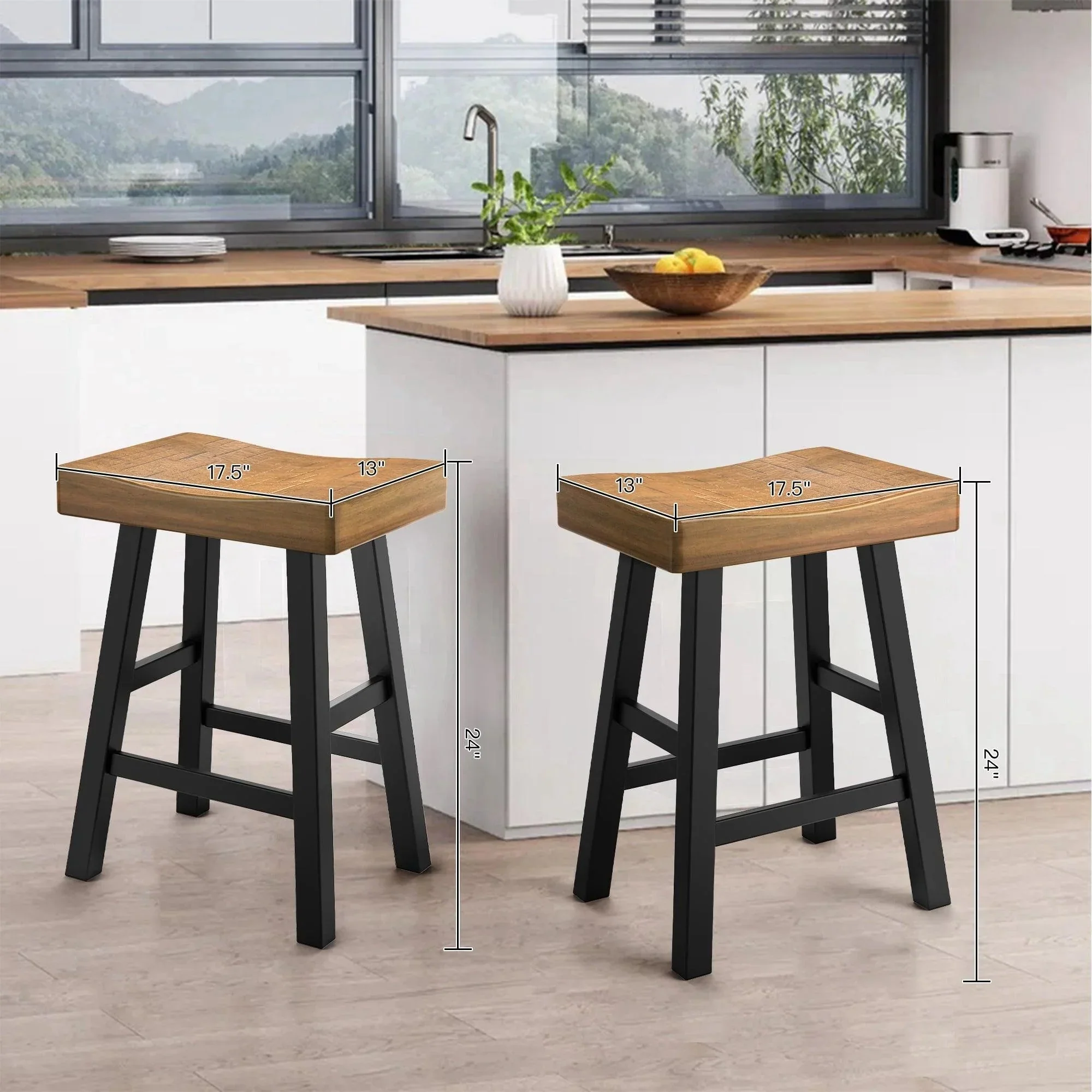 Parrot Uncle Set of 2 Farmhouse Solid Wood Bar Stools - Backless Saddle Seat Counter Height Chairs for Kitchen Island, Breakfast Nook & Home Office - Image 35