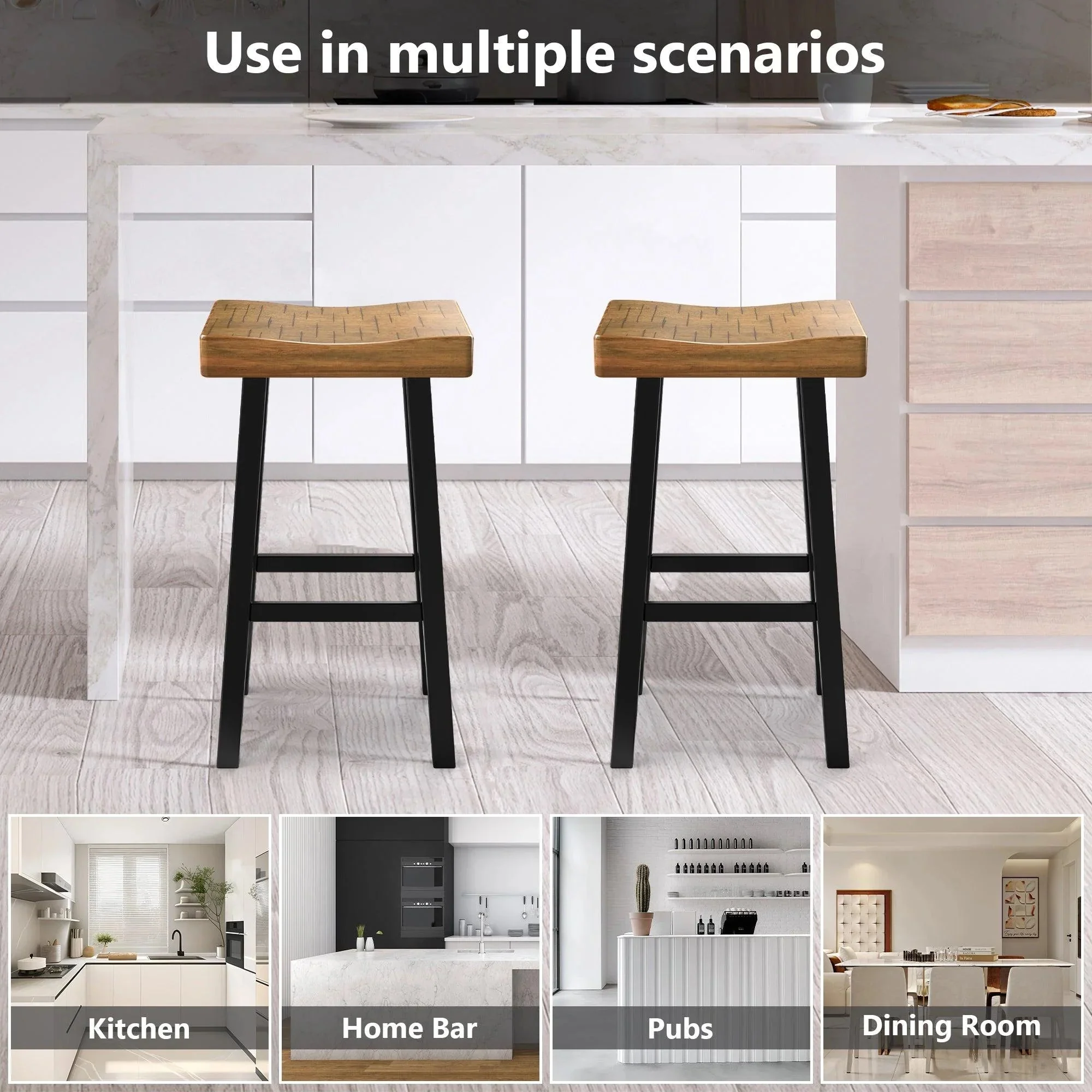 Parrot Uncle Set of 2 Farmhouse Solid Wood Bar Stools - Backless Saddle Seat Counter Height Chairs for Kitchen Island, Breakfast Nook & Home Office - Image 4