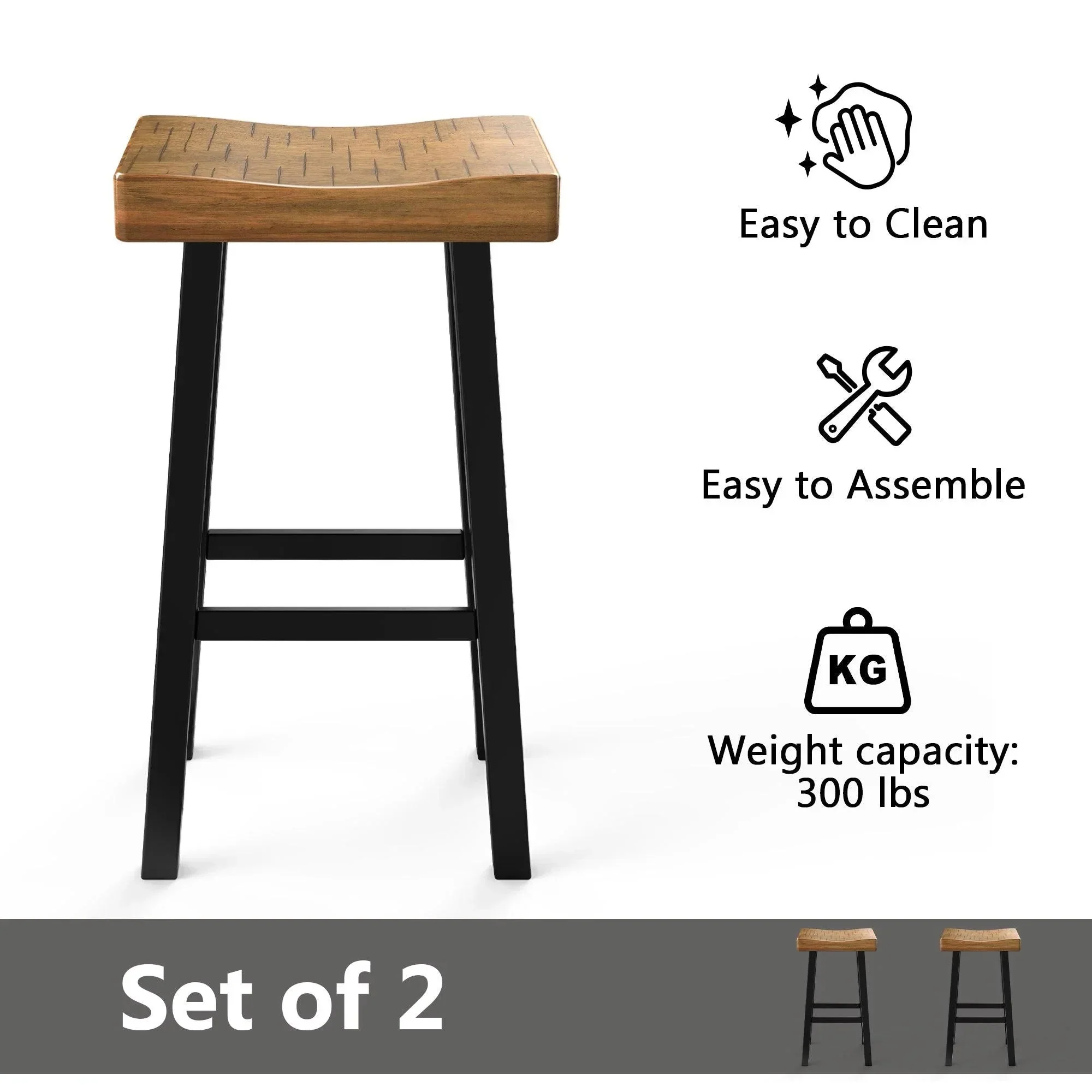 Parrot Uncle Set of 2 Farmhouse Solid Wood Bar Stools - Backless Saddle Seat Counter Height Chairs for Kitchen Island, Breakfast Nook & Home Office - Image 5