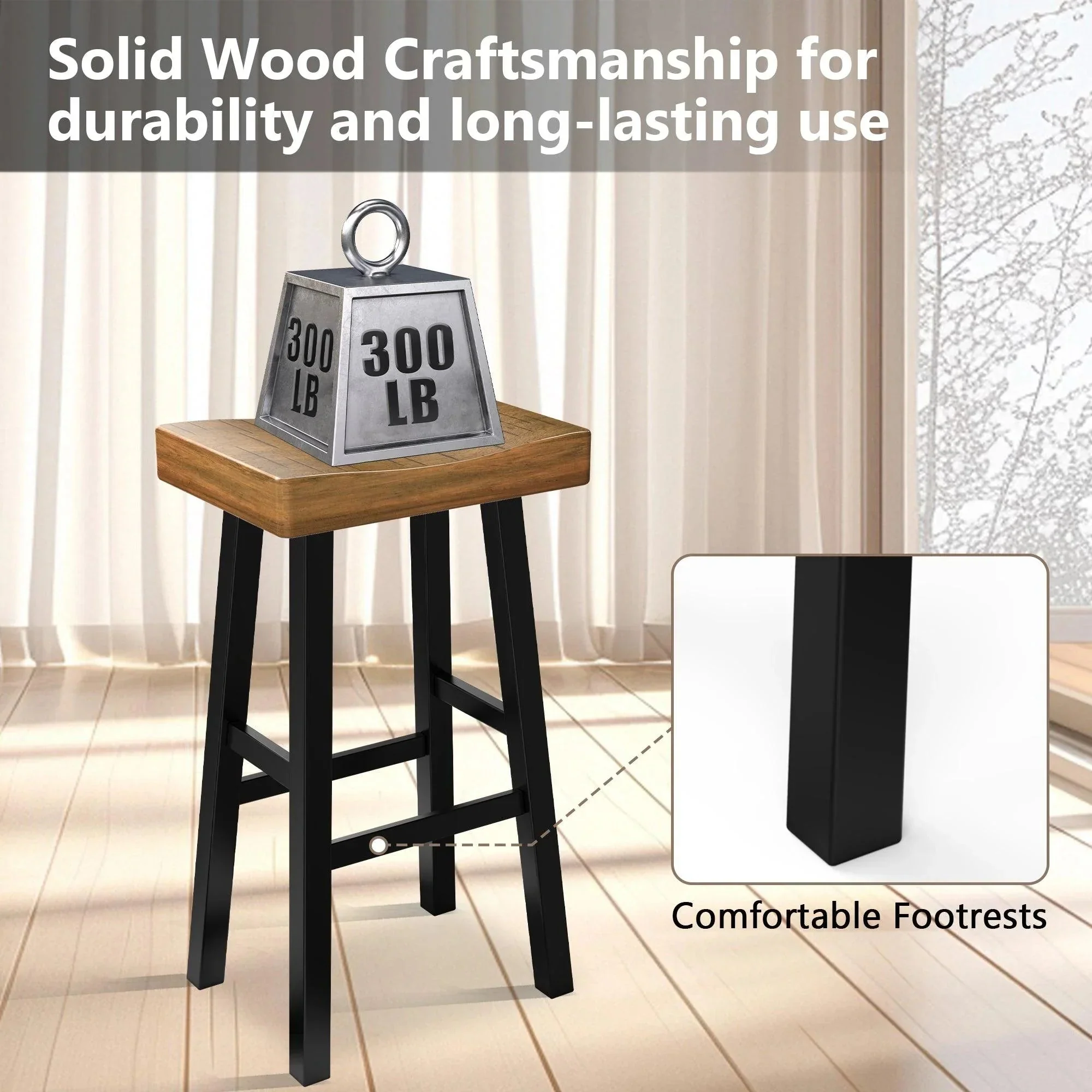 Parrot Uncle Set of 2 Farmhouse Solid Wood Bar Stools - Backless Saddle Seat Counter Height Chairs for Kitchen Island, Breakfast Nook & Home Office - Image 6
