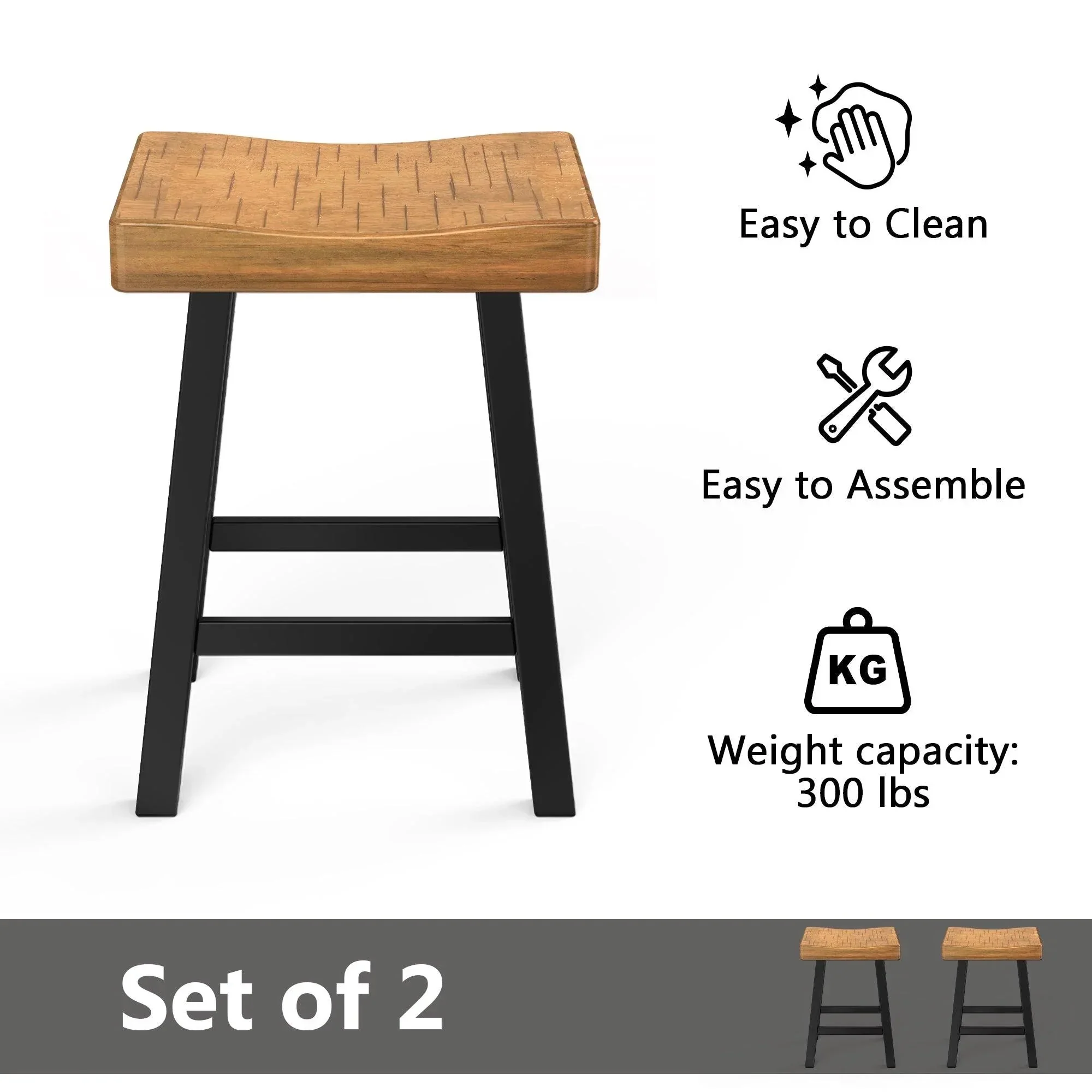 Parrot Uncle Set of 2 Farmhouse Solid Wood Bar Stools - Backless Saddle Seat Counter Height Chairs for Kitchen Island, Breakfast Nook & Home Office - Image 7