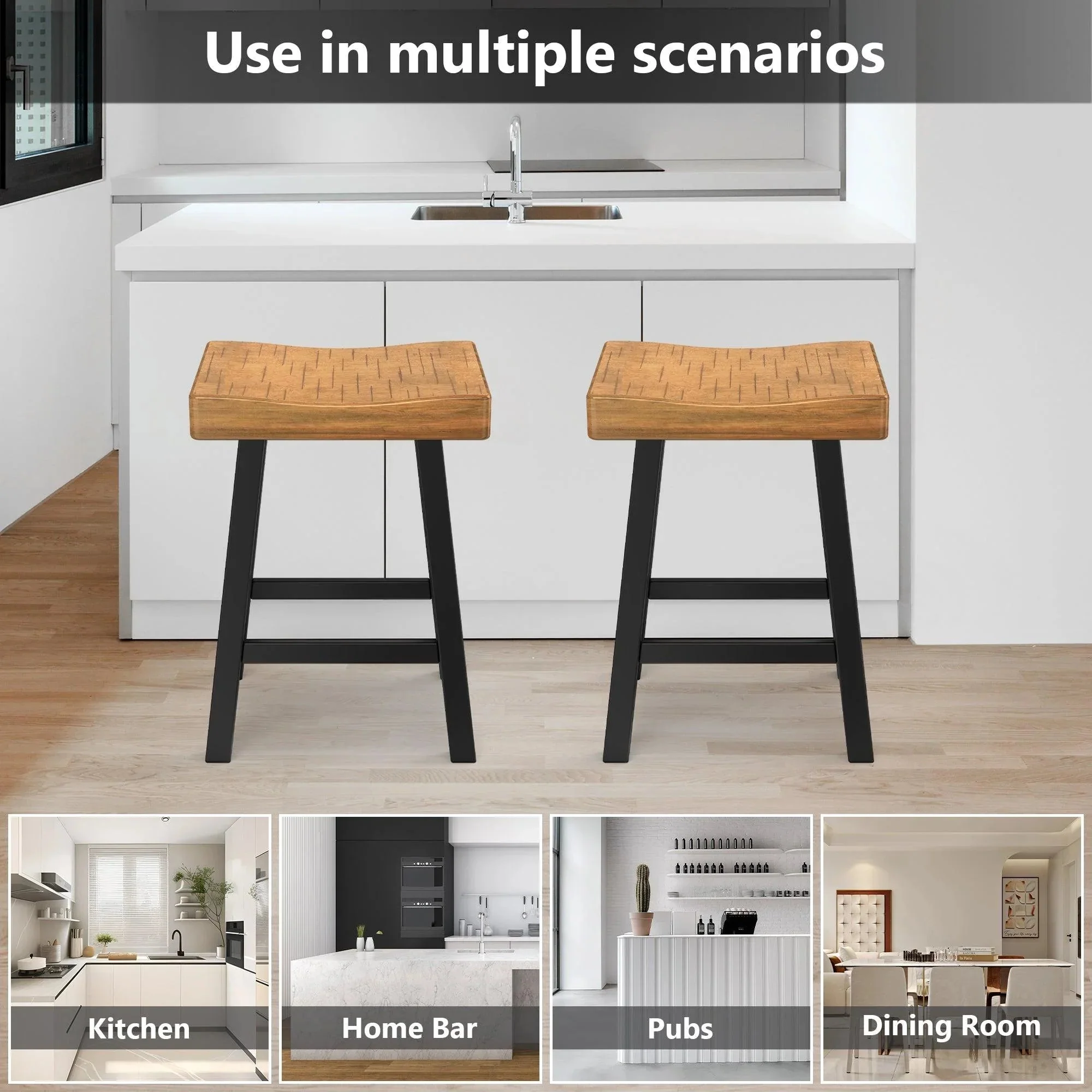 Parrot Uncle Set of 2 Farmhouse Solid Wood Bar Stools - Backless Saddle Seat Counter Height Chairs for Kitchen Island, Breakfast Nook & Home Office - Image 8
