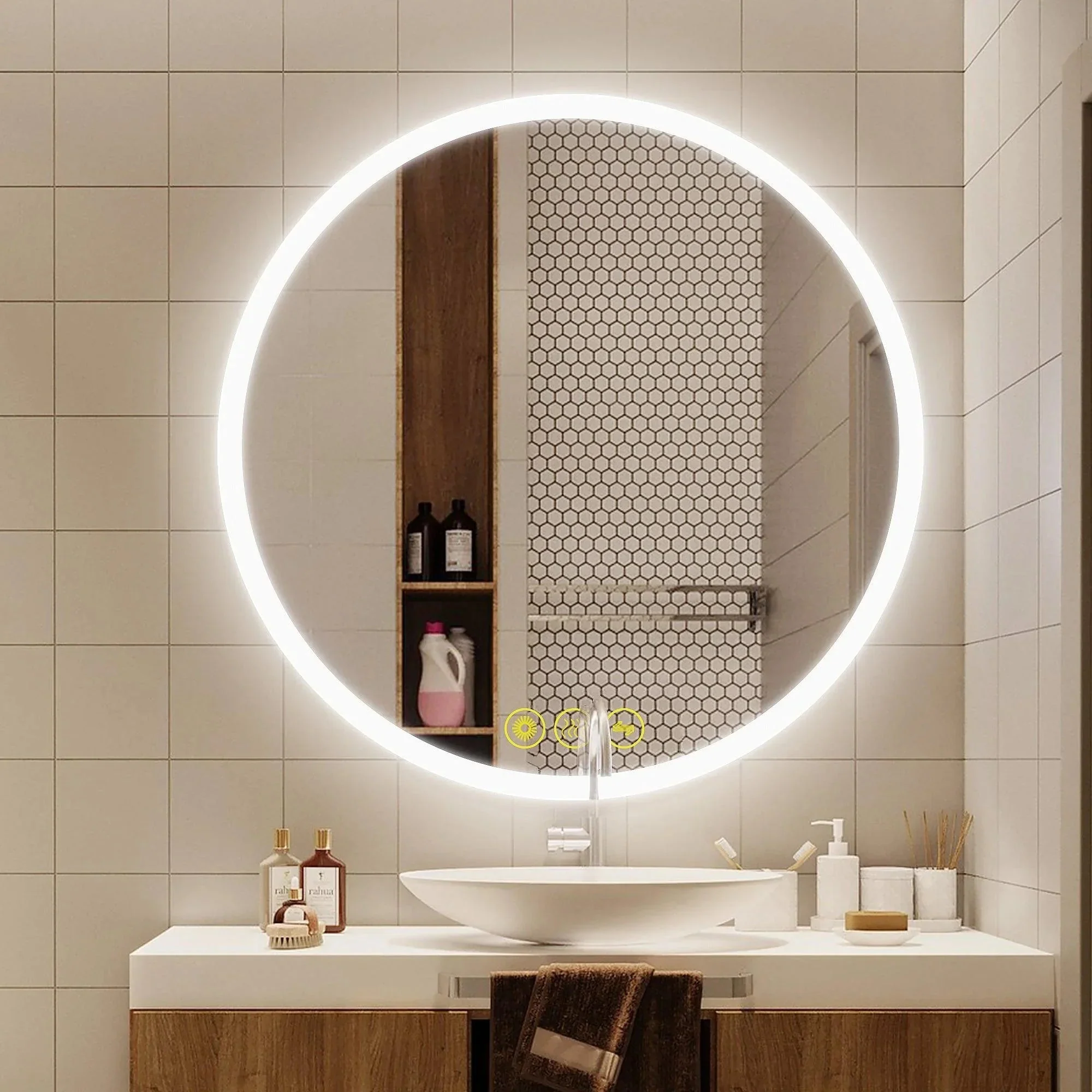 Parrot Uncle SmartReflect Modern Round LED Dimmable Anti-Fog Frameless Bathroom Vanity Mirror - Image 10