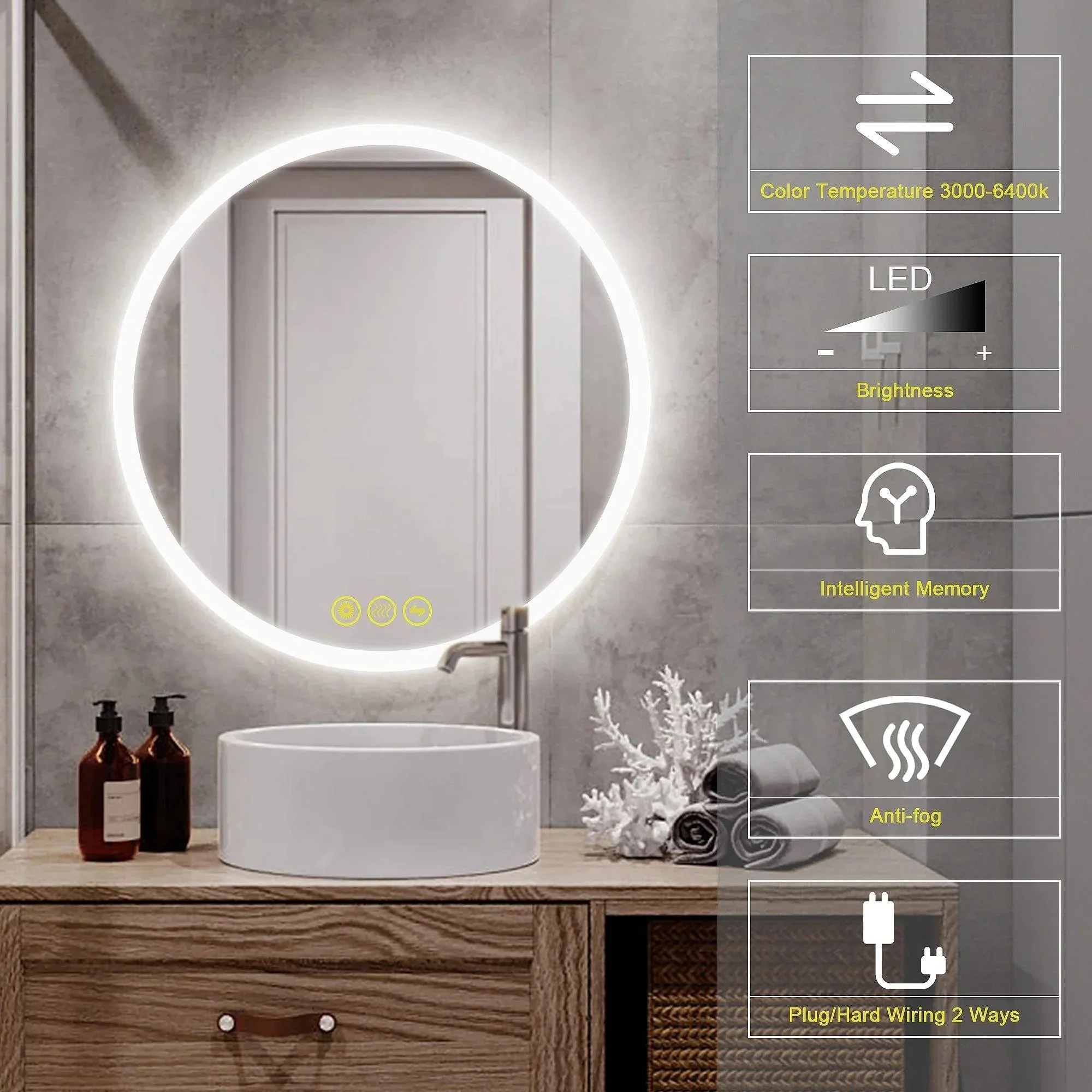 Parrot Uncle SmartReflect Modern Round LED Dimmable Anti-Fog Frameless Bathroom Vanity Mirror - Image 2