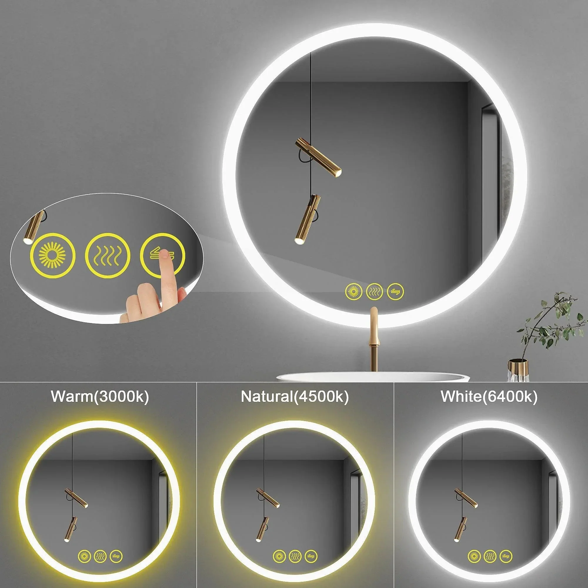 Parrot Uncle SmartReflect Modern Round LED Dimmable Anti-Fog Frameless Bathroom Vanity Mirror - Image 3