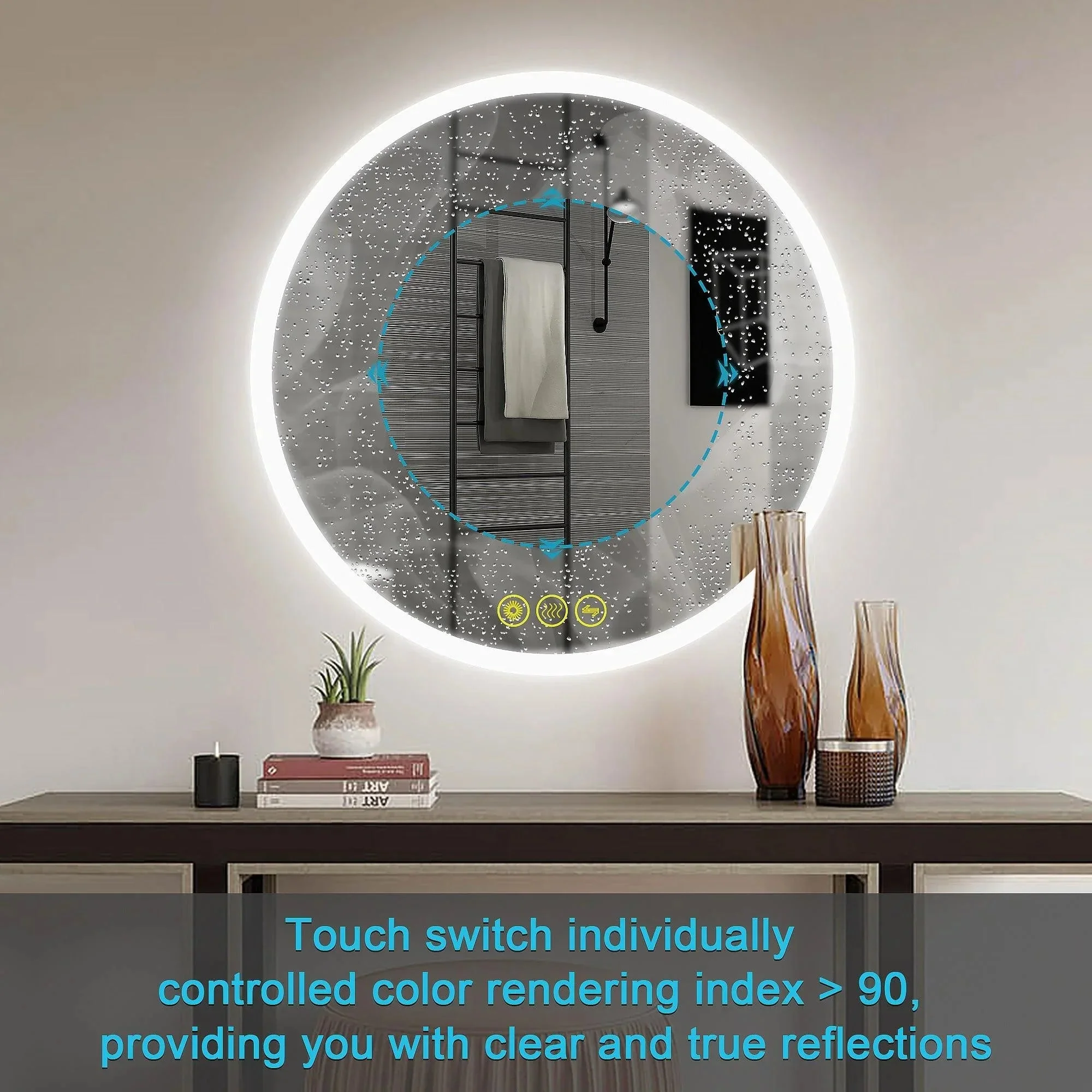 Parrot Uncle SmartReflect Modern Round LED Dimmable Anti-Fog Frameless Bathroom Vanity Mirror - Image 5