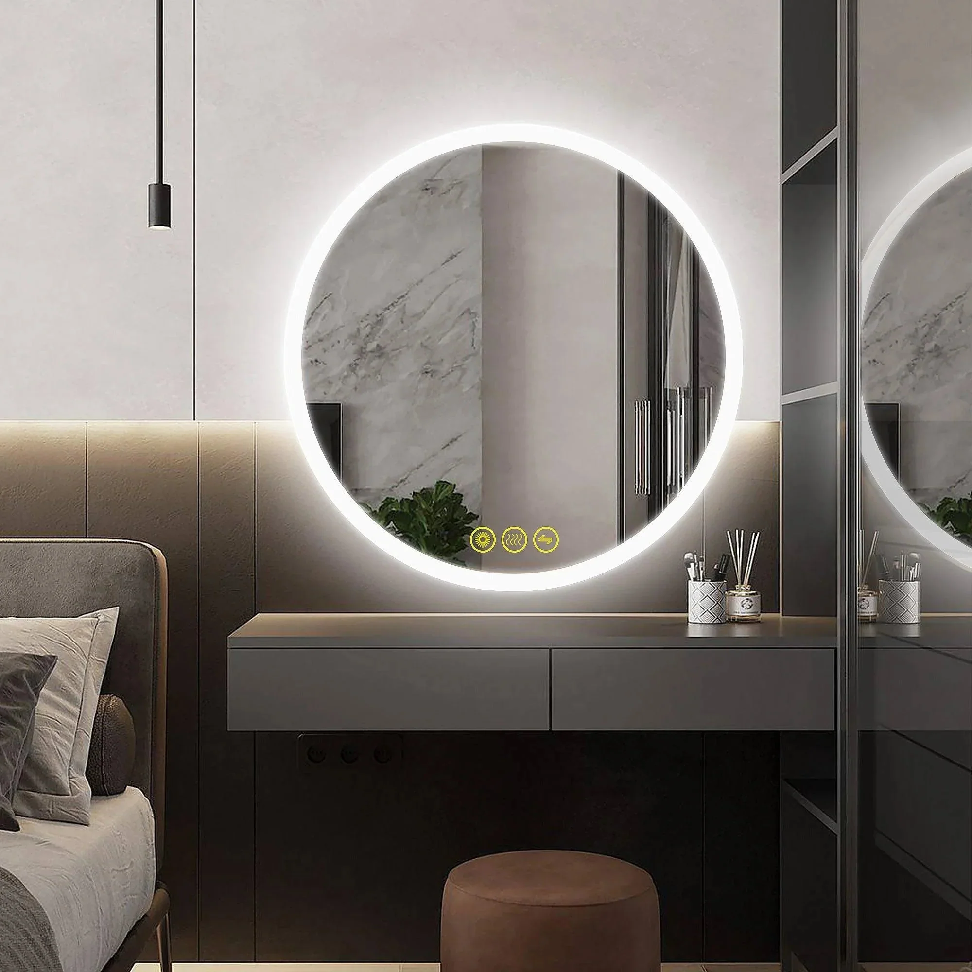 Parrot Uncle SmartReflect Modern Round LED Dimmable Anti-Fog Frameless Bathroom Vanity Mirror - Image 6