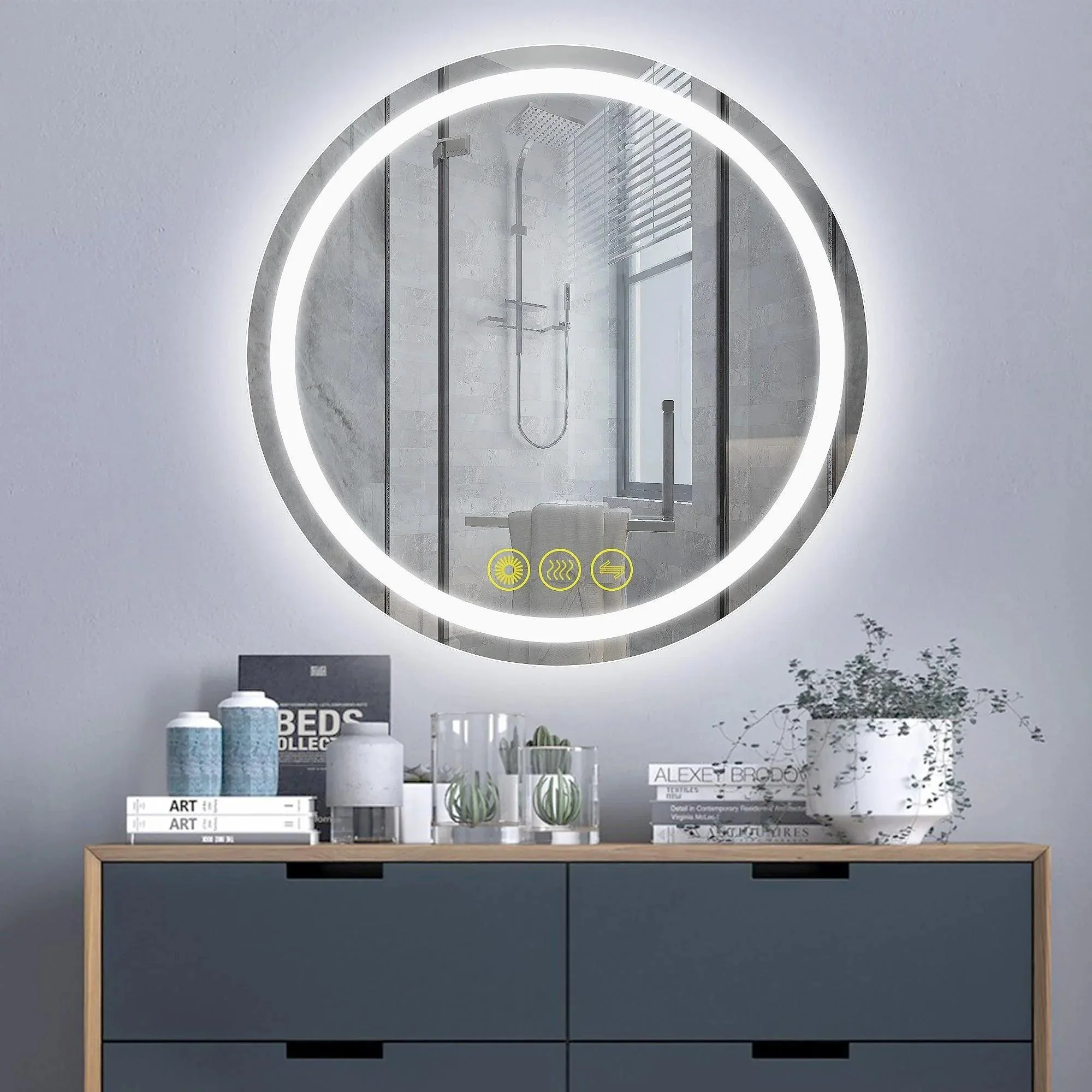 Parrot Uncle SmartShine Contemporary LED Dimmable Round Anti-Fog Backlit Bathroom Vanity Mirror - Image 12