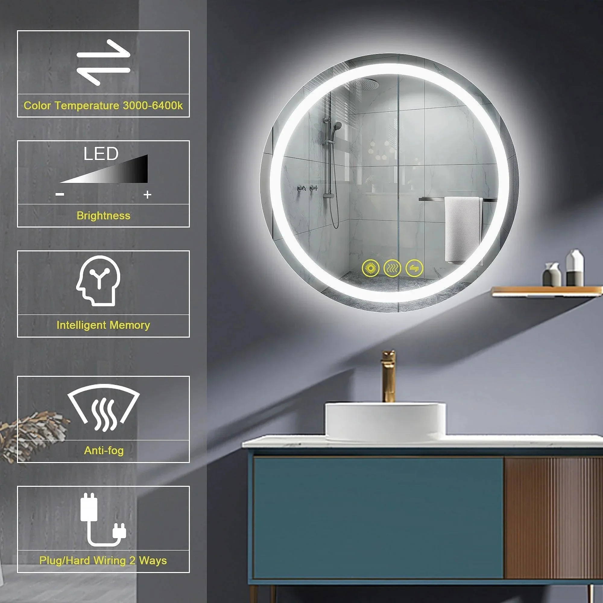 Parrot Uncle SmartShine Contemporary LED Dimmable Round Anti-Fog Backlit Bathroom Vanity Mirror - Image 2