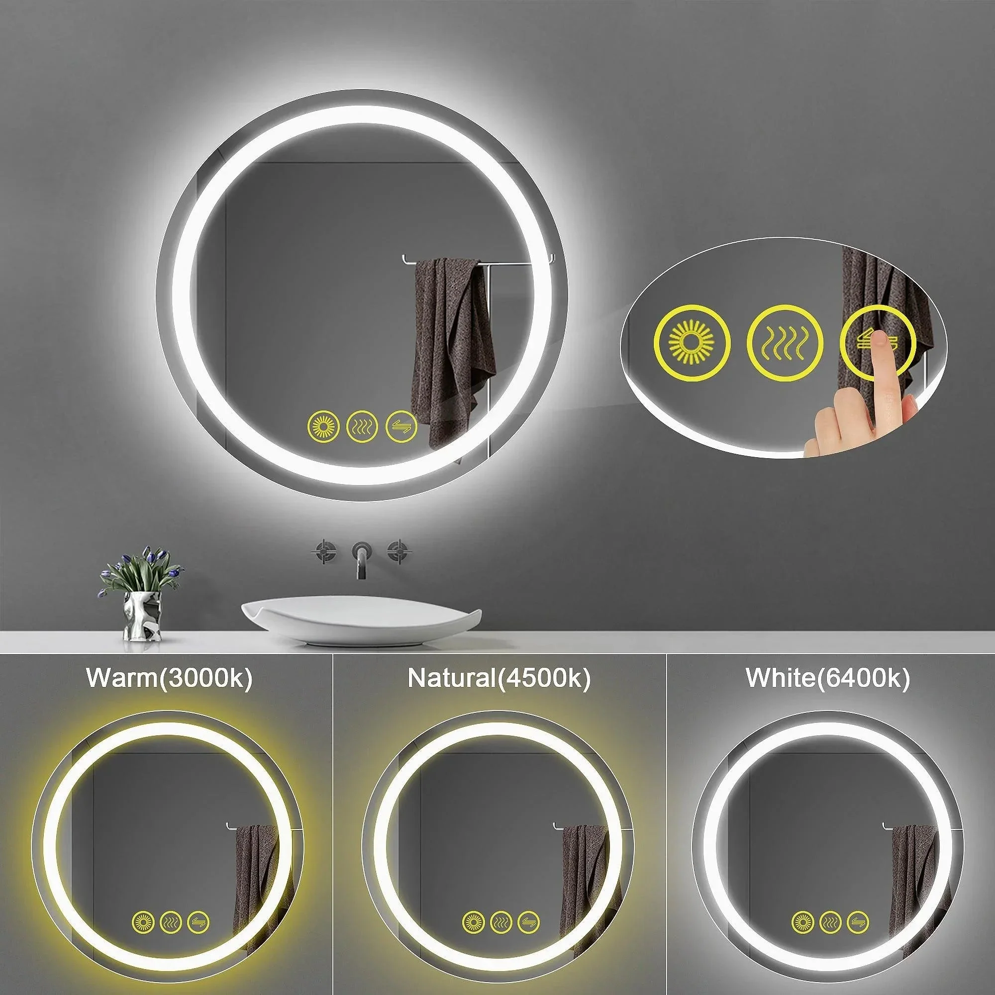 Parrot Uncle SmartShine Contemporary LED Dimmable Round Anti-Fog Backlit Bathroom Vanity Mirror - Image 3