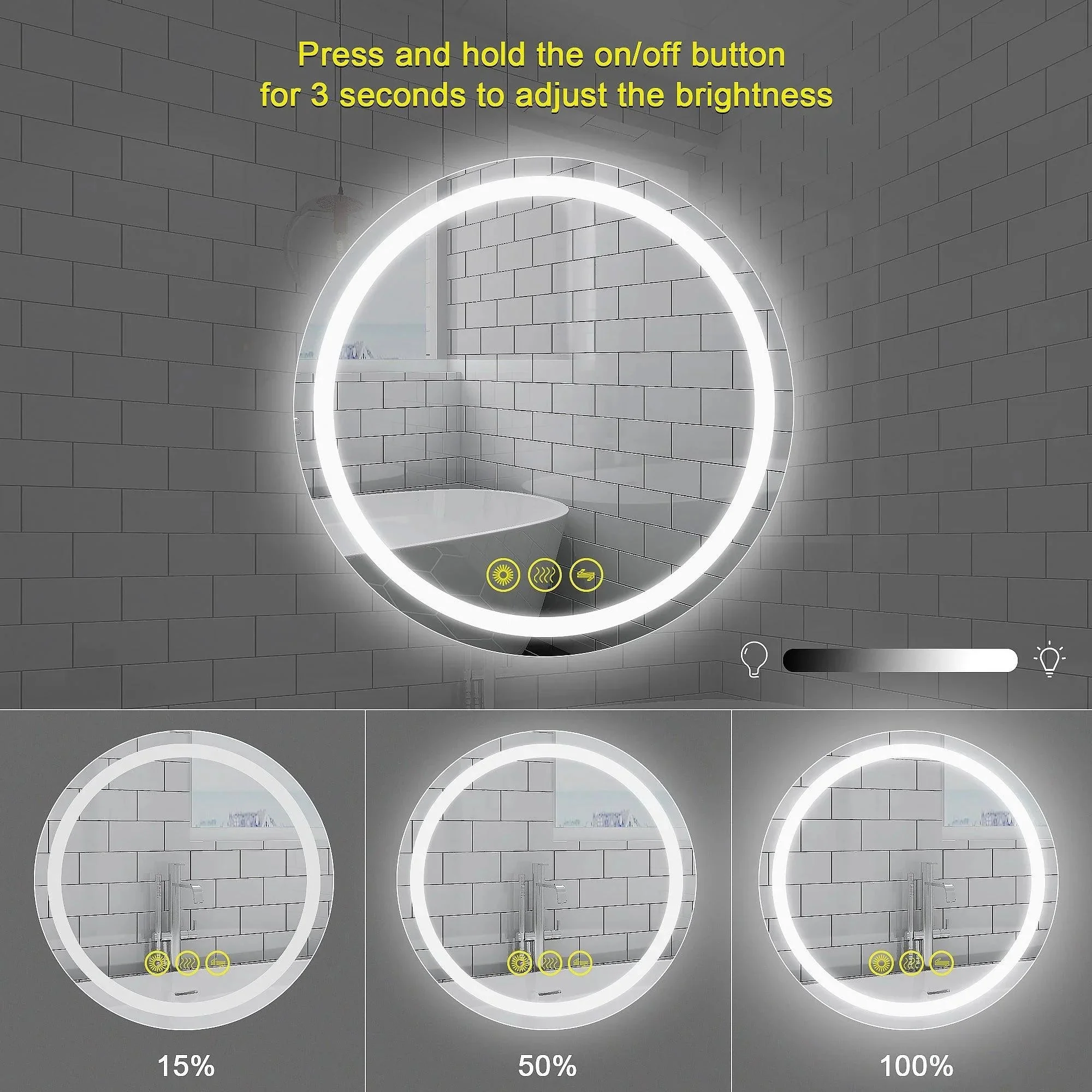 Parrot Uncle SmartShine Contemporary LED Dimmable Round Anti-Fog Backlit Bathroom Vanity Mirror - Image 4