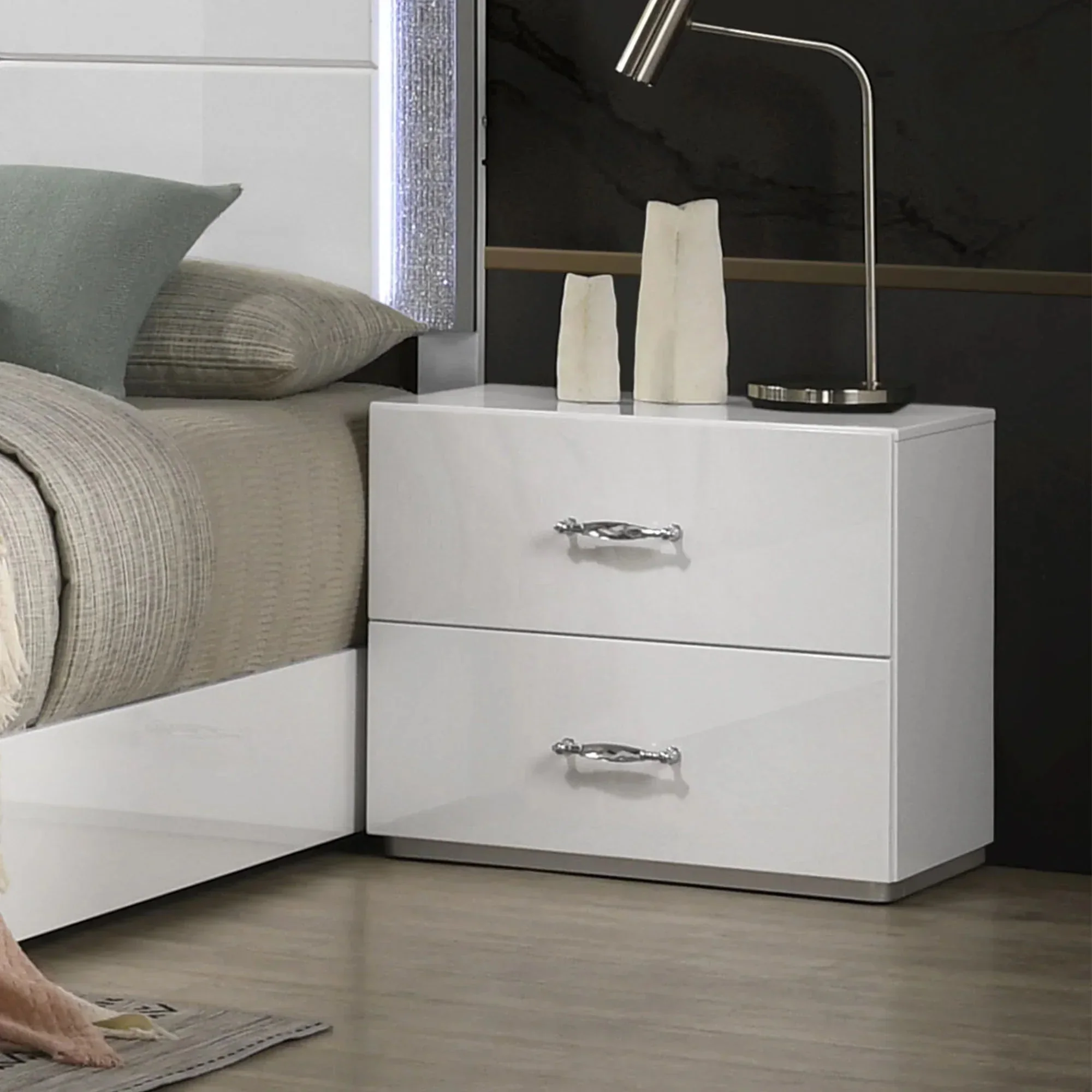 Parrot Uncle Stoholm Nightstand with 2-Drawer in Modern White & Chrome Handles (FM72000WH-N-PU) - Image 4
