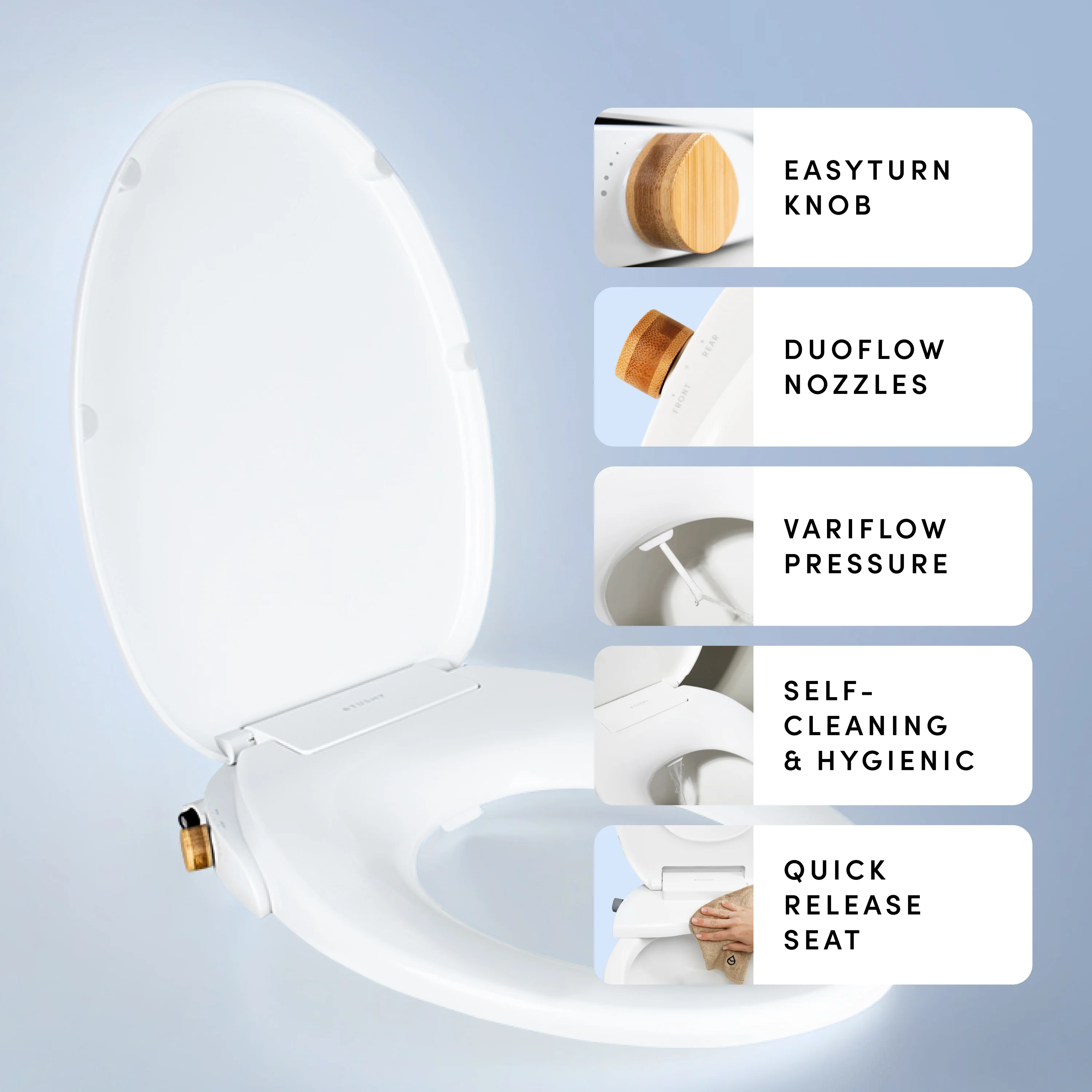 TUSHY Wave Non-Electric Bidet Toilet Seat | Sleek Elongated Design, Quick-Release for Easy Cleaning | DuoFlow Front & Rear Wash, Self-Cleaning Nozzle, Soft-Close Lid, 10-Min DIY Install, Bamboo Knob - Image 5