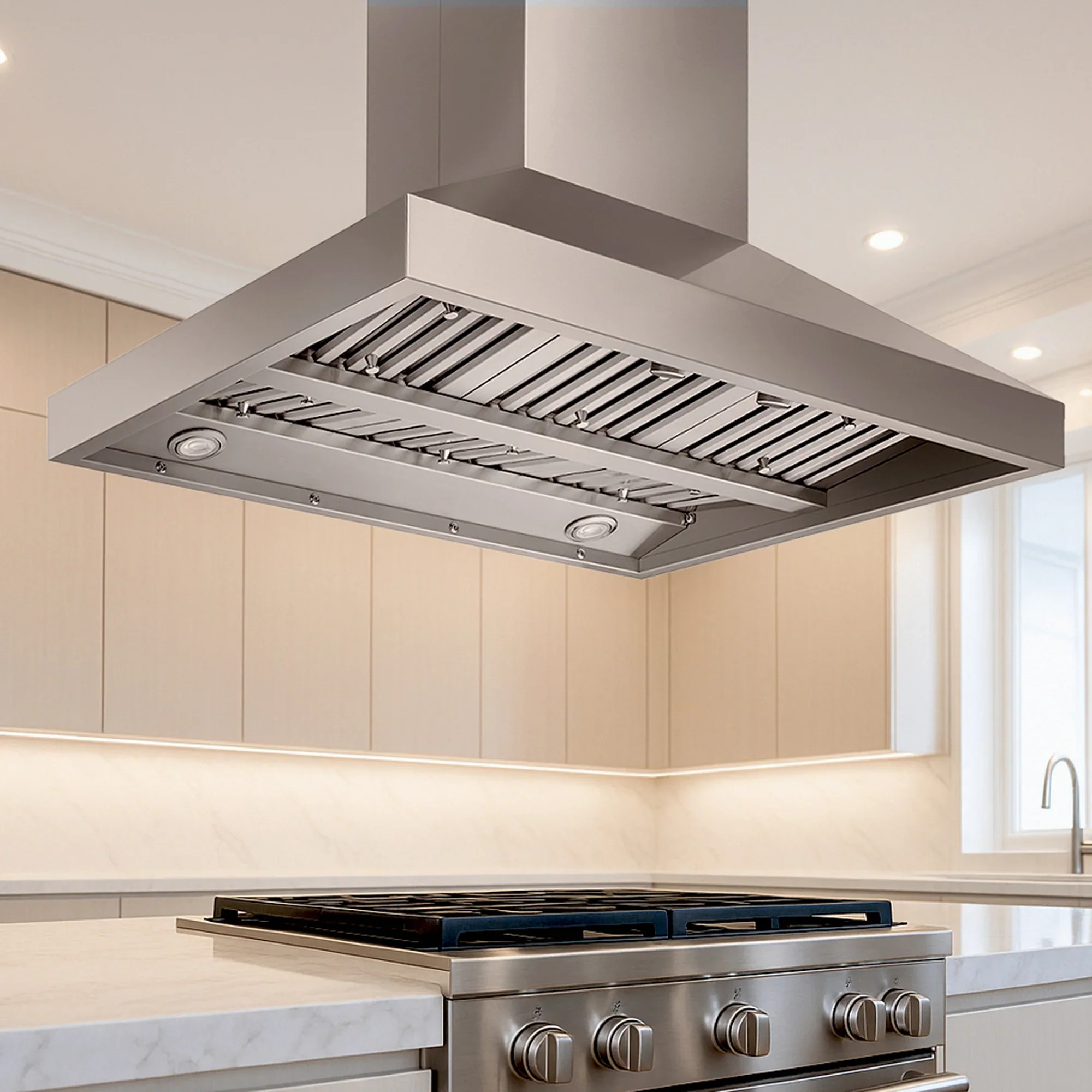 Victory 36-Inch 750 CFM Island Range Hood in Stainless Steel with Baffle Filters, 4-Speed Rotary Switch, Dimmable LED's (Twister-Island-36) - Image 2