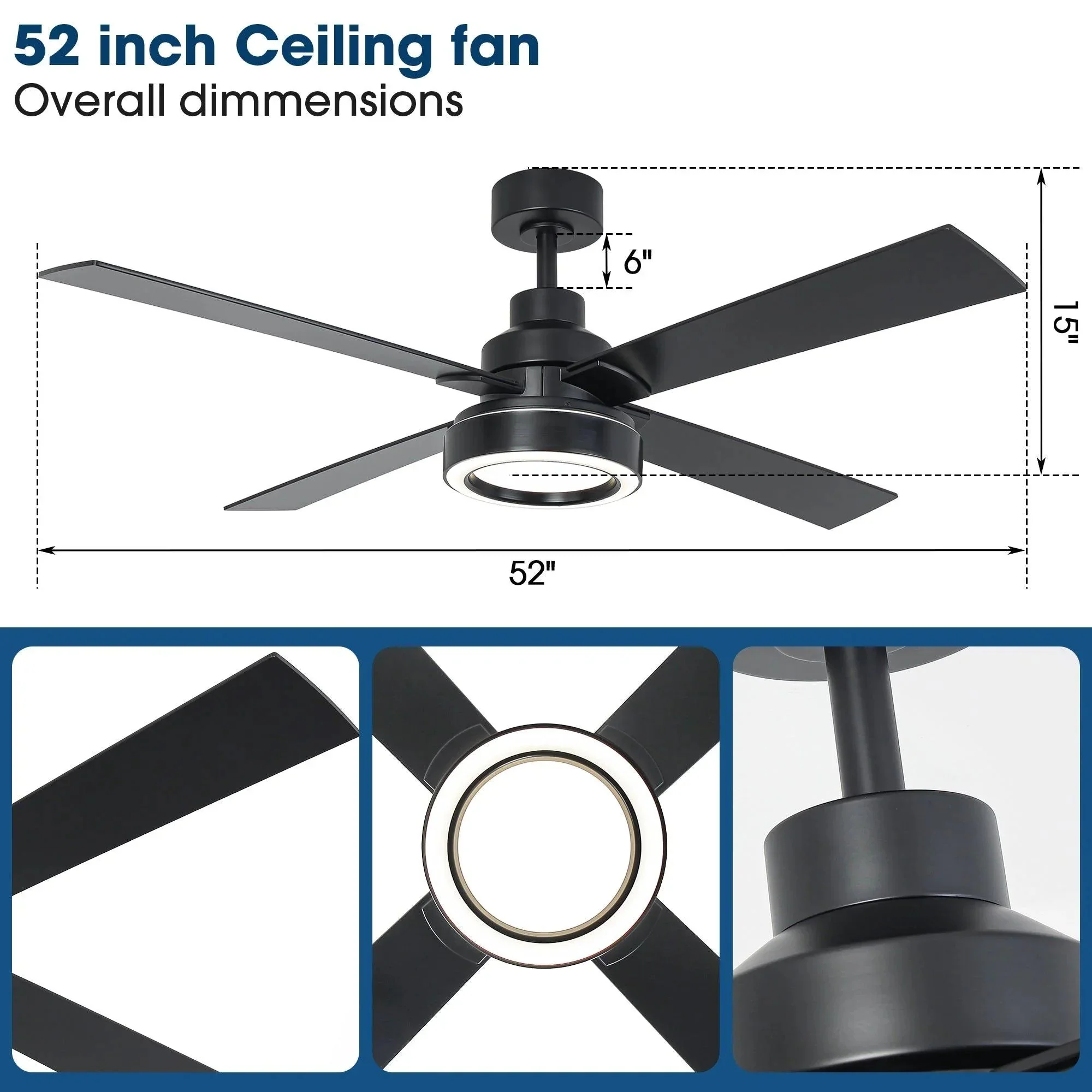 Parrot Uncle Vaczon 52-Inch 4 Blades DC Motor Modern Downrod Ceiling Fan with LED Light and Remote Control (VZA01B107A) - Image 8