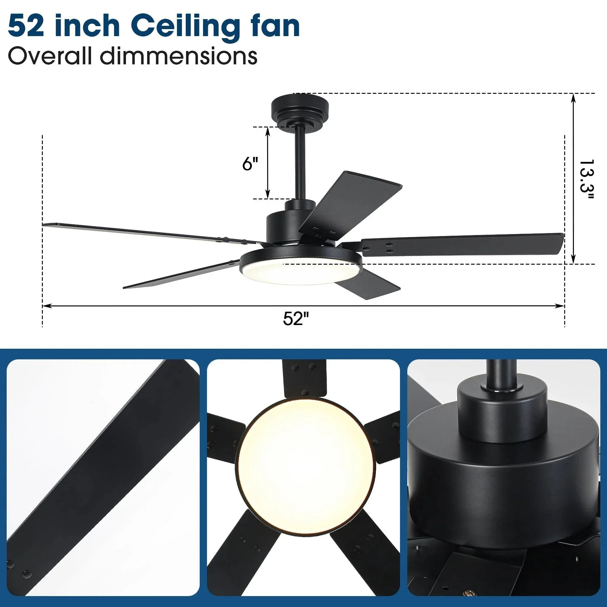 Parrot Uncle Vaczon 52-Inch 5 Blades DC Motor Modern Downrod Ceiling Fan with LED Light and Remote Control (VZA01A117BK) - Image 6