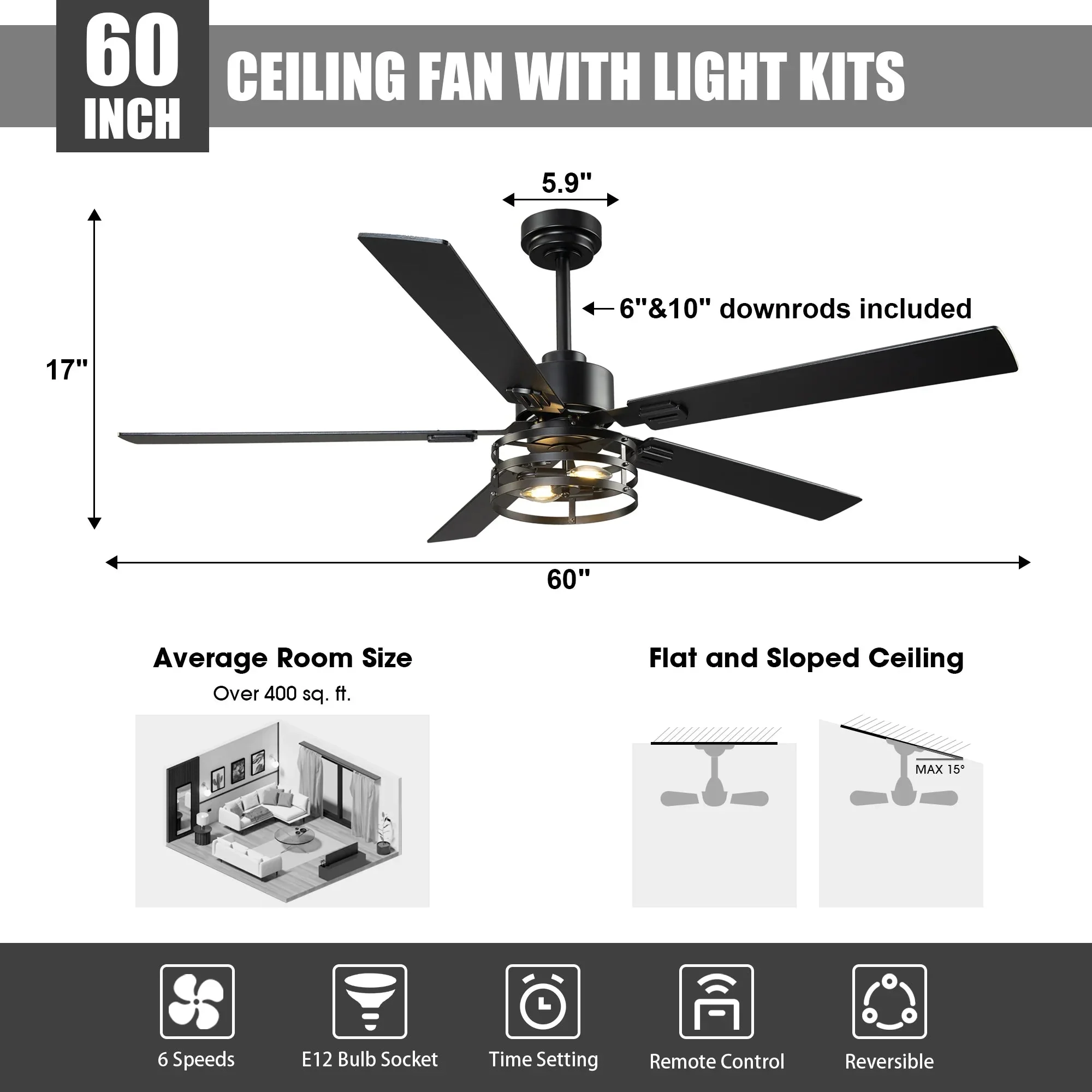 Parrot Uncle Vaczon 52-Inch DC Motor Industrial Downrod Ceiling Fan with Light and Remote Control - Image 11
