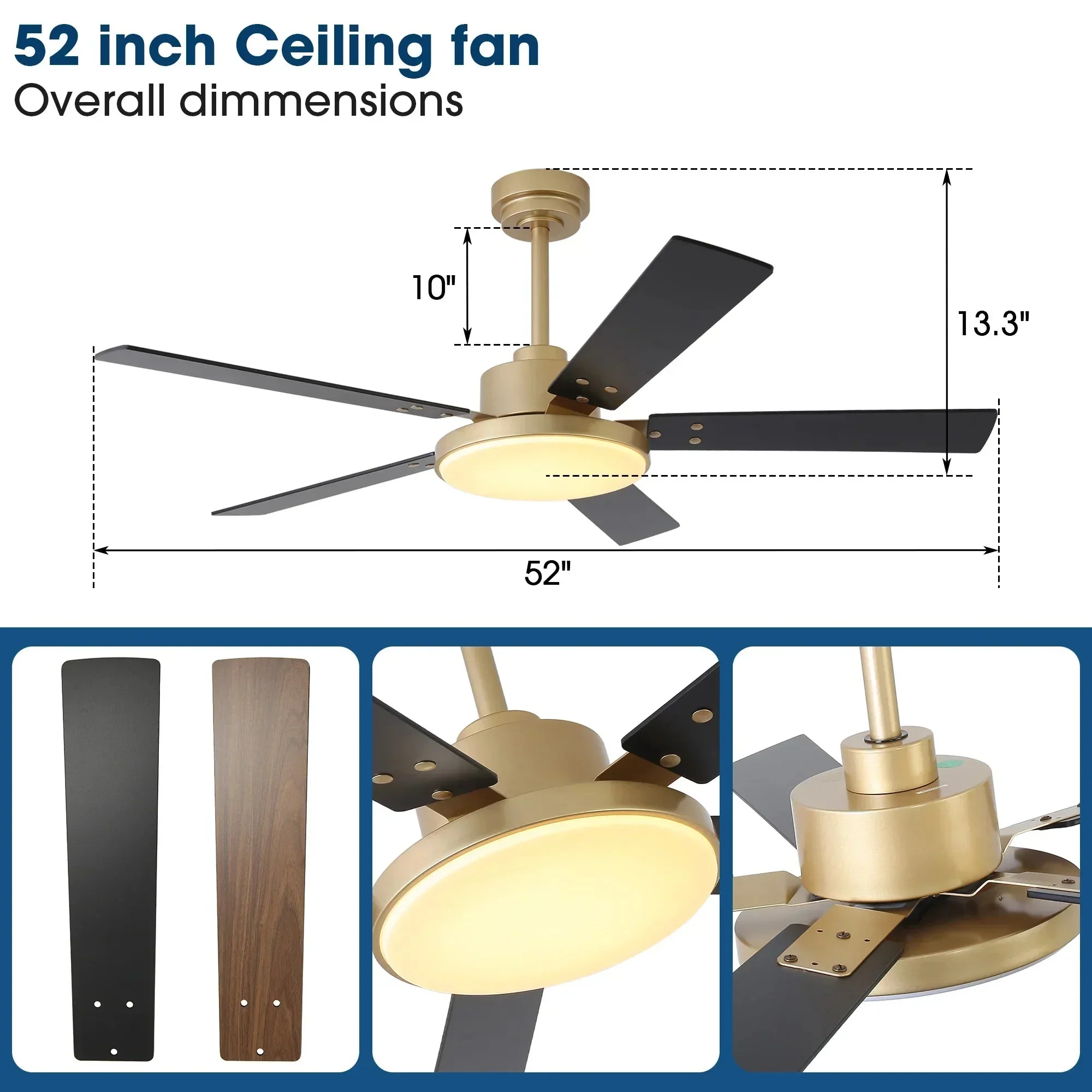 Parrot Uncle Vaczon 52-Inch Double-sided Blades Modern Ceiling Fan with Remote Control and LED Light - Image 5