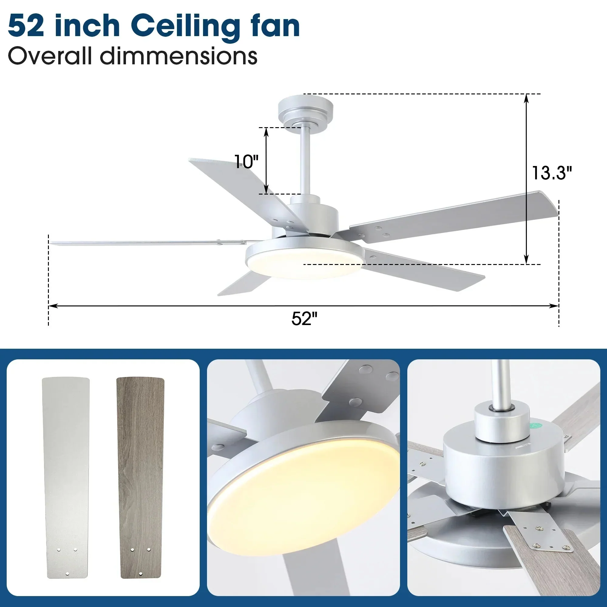 Parrot Uncle Vaczon 52-Inch Double-sided Blades Modern Ceiling Fan with Remote Control and LED Light - Image 7