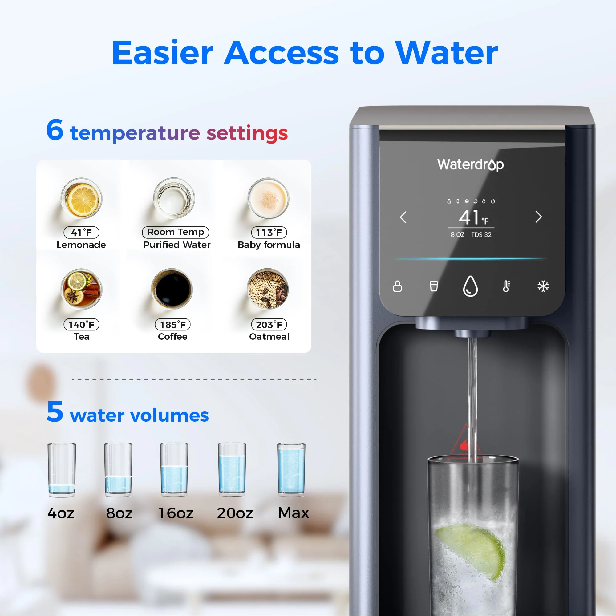 Waterdrop Countertop Reverse Osmosis System, NSF/ANSI 58 & 372 Certified, 7 Stage Filtration, Hot Cold Water Dispenser, RO System with 6 Temperature & 5 Volume Options, BPA Free (WD-A1) - Image 5