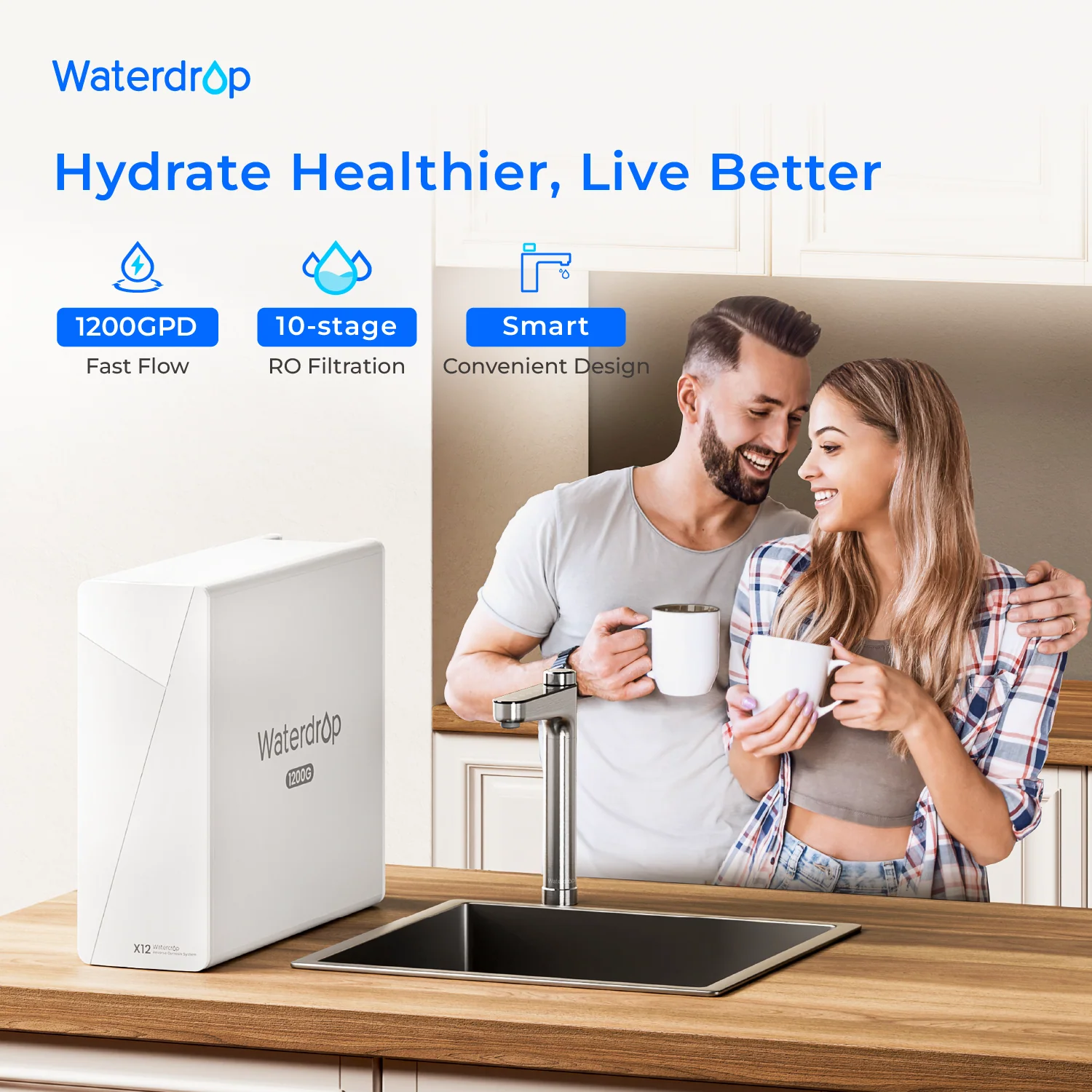 Waterdrop X12-WCS RO Water Filter, NSF/ANSI 42&58&372 Certified, 1200 GPD Undersink Reverse Osmosis System, 10-Stage Filtration, 3:1 Pure to Drain, Smart Faucet, BPA Fre - Image 2