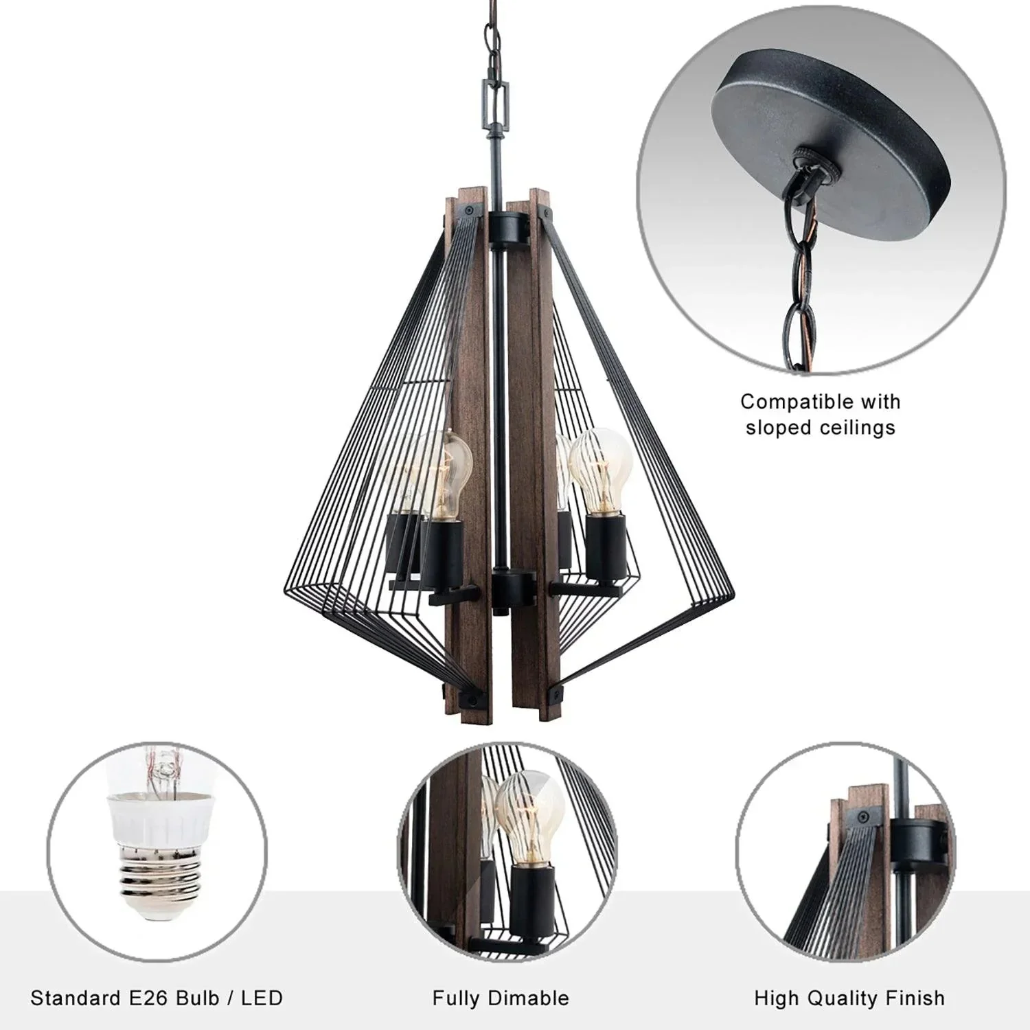 Parrot Uncle Zenith 4-Light Black & Wood Dimmable Island Pendant Light (ZE104BLK) - Image 6