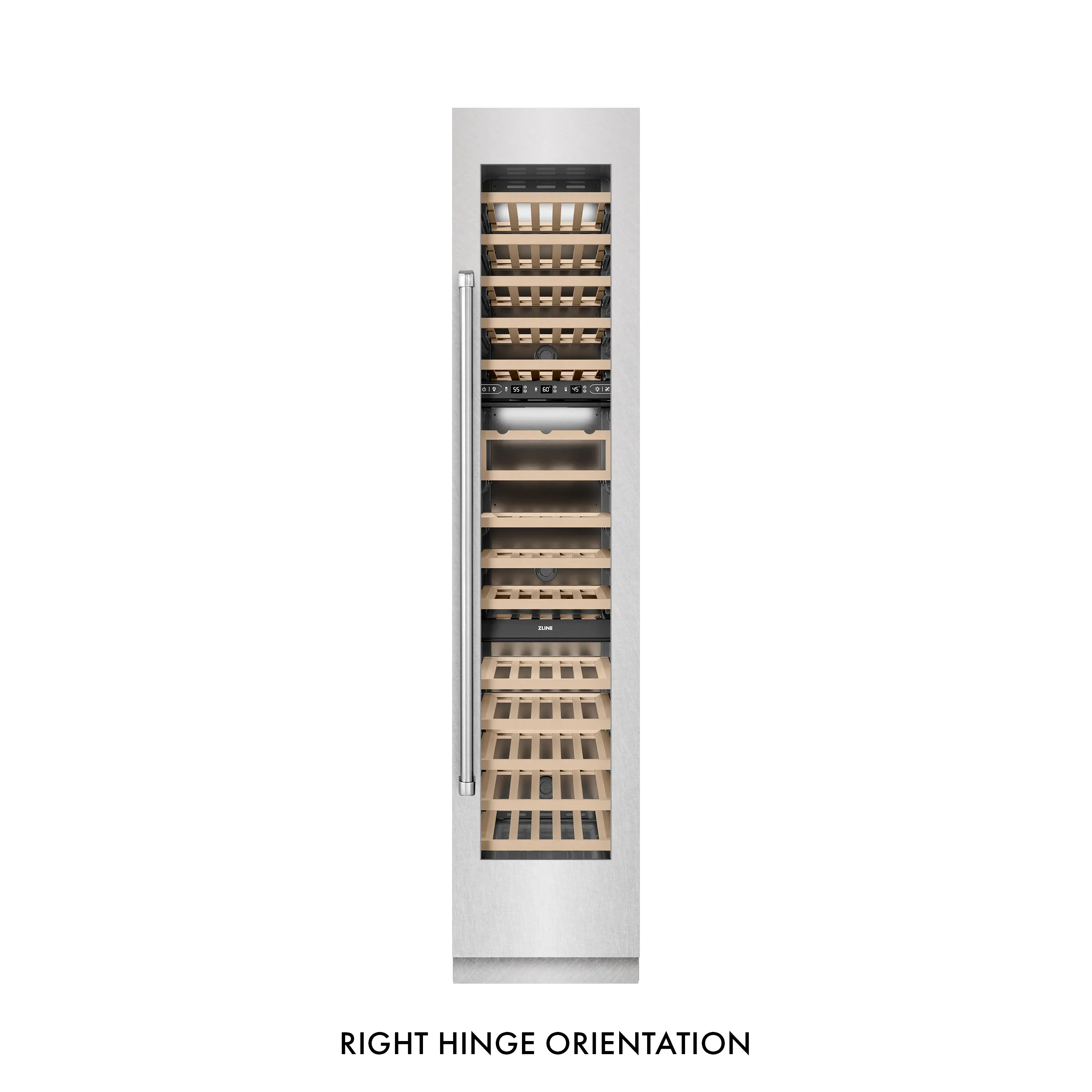 ZLINE 18-Inch 9.0 Cu. Ft. Triple Zone 68 Bottle Right Hinge Column Wine Cooler in Satin Stainless Steel (RCWVR-SN-18) - Image 5