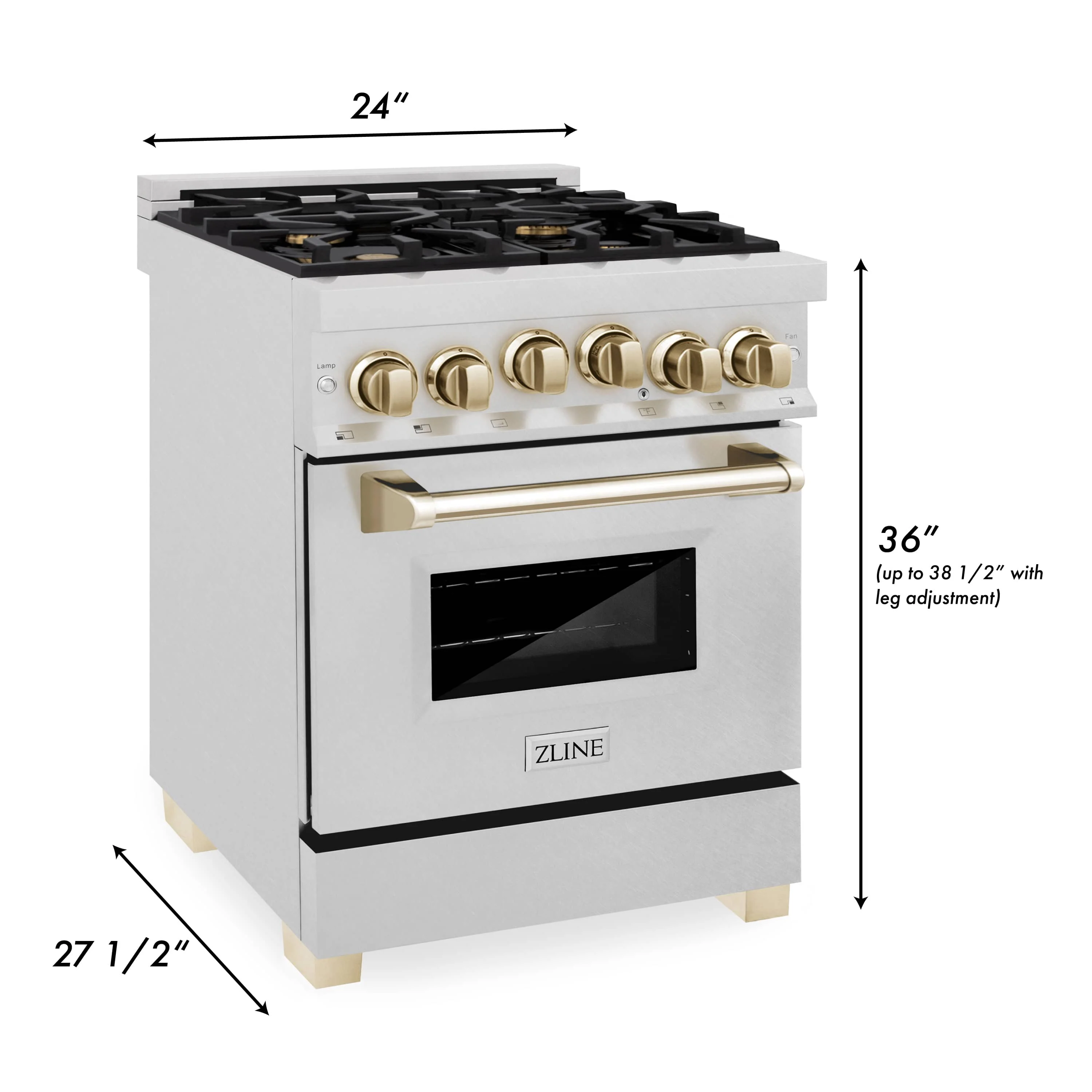 ZLINE Legacy Series Autograph Edition 24-inch Dual Fuel Range with Gas Stove and 2.8 Cu. Ft. Electric Oven in Fingerprint Resistant Satin Stainless Steel with Gold Accents (RASZ-SN-24-G) - Image 8