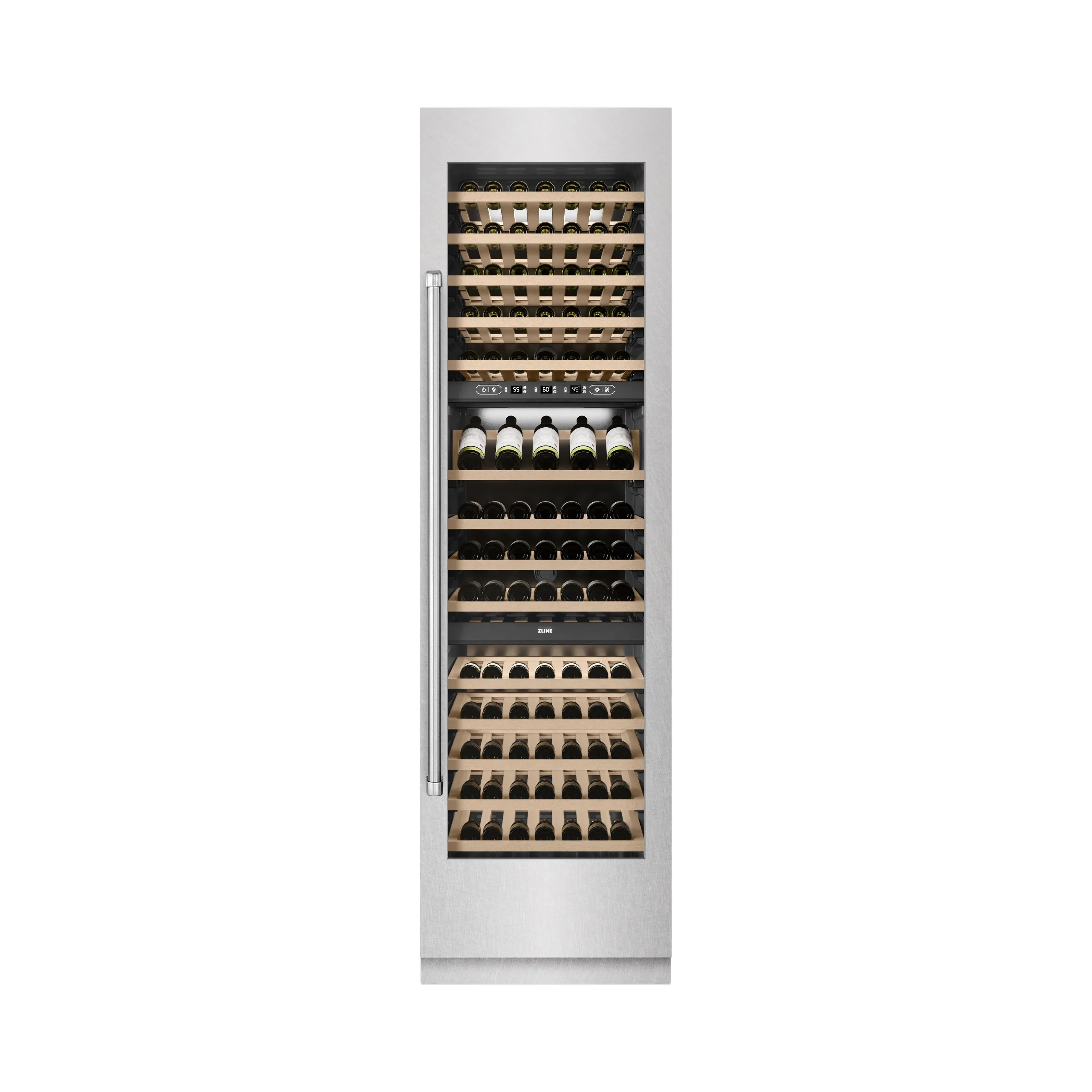 ZLINE 24-Inch 12.4 Cu. Ft. Triple Zone 100 Bottle Column Wine Cooler in Satin Stainless Steel (RCWV-SN-24) - Image 4