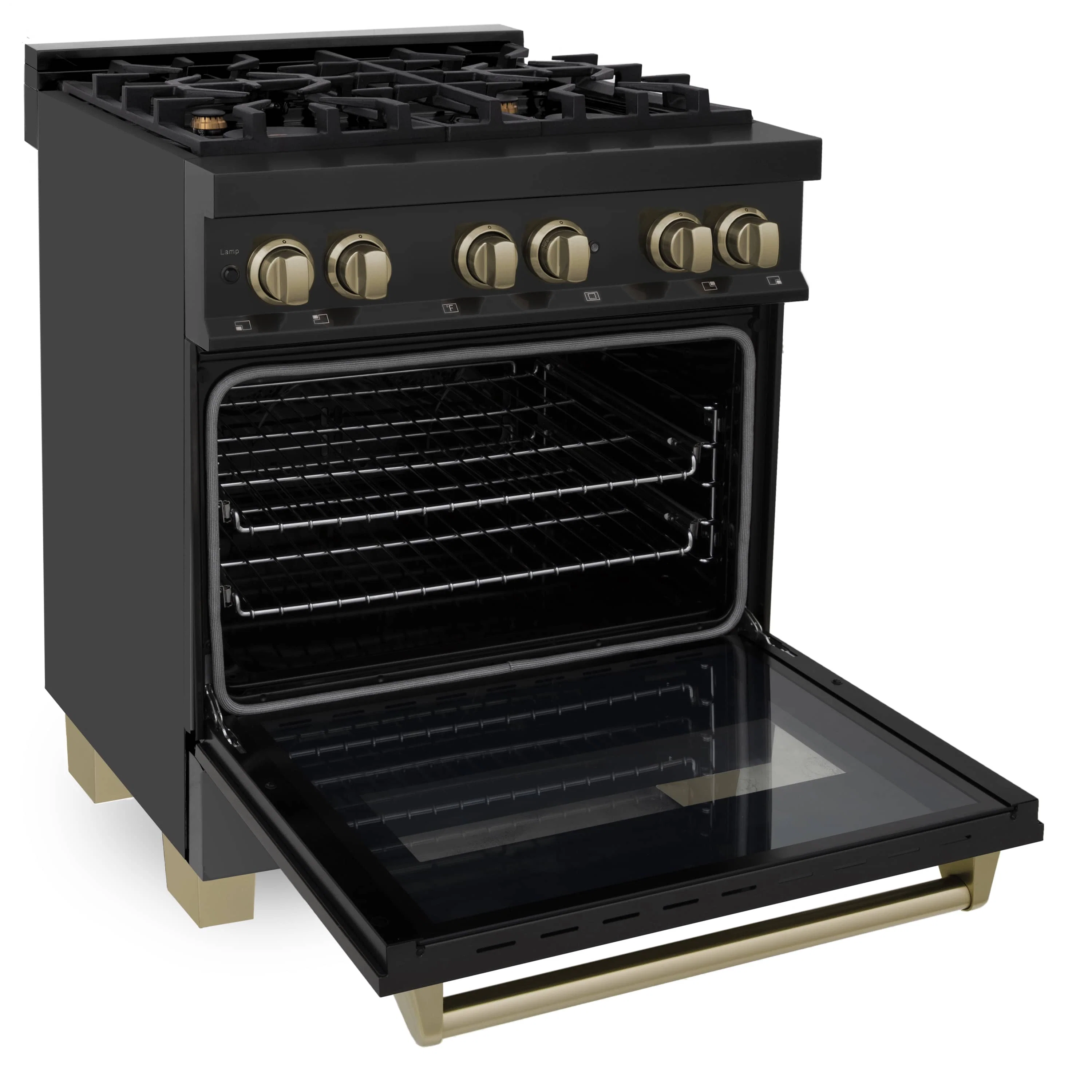 ZLINE 3-Piece Appliance Package - 30-Inch Legacy Dual Fuel Range, 36-Inch French Door Refrigerator, Dishwasher, in Black Stainless Steel with Champagne Bronze Accents - Image 7