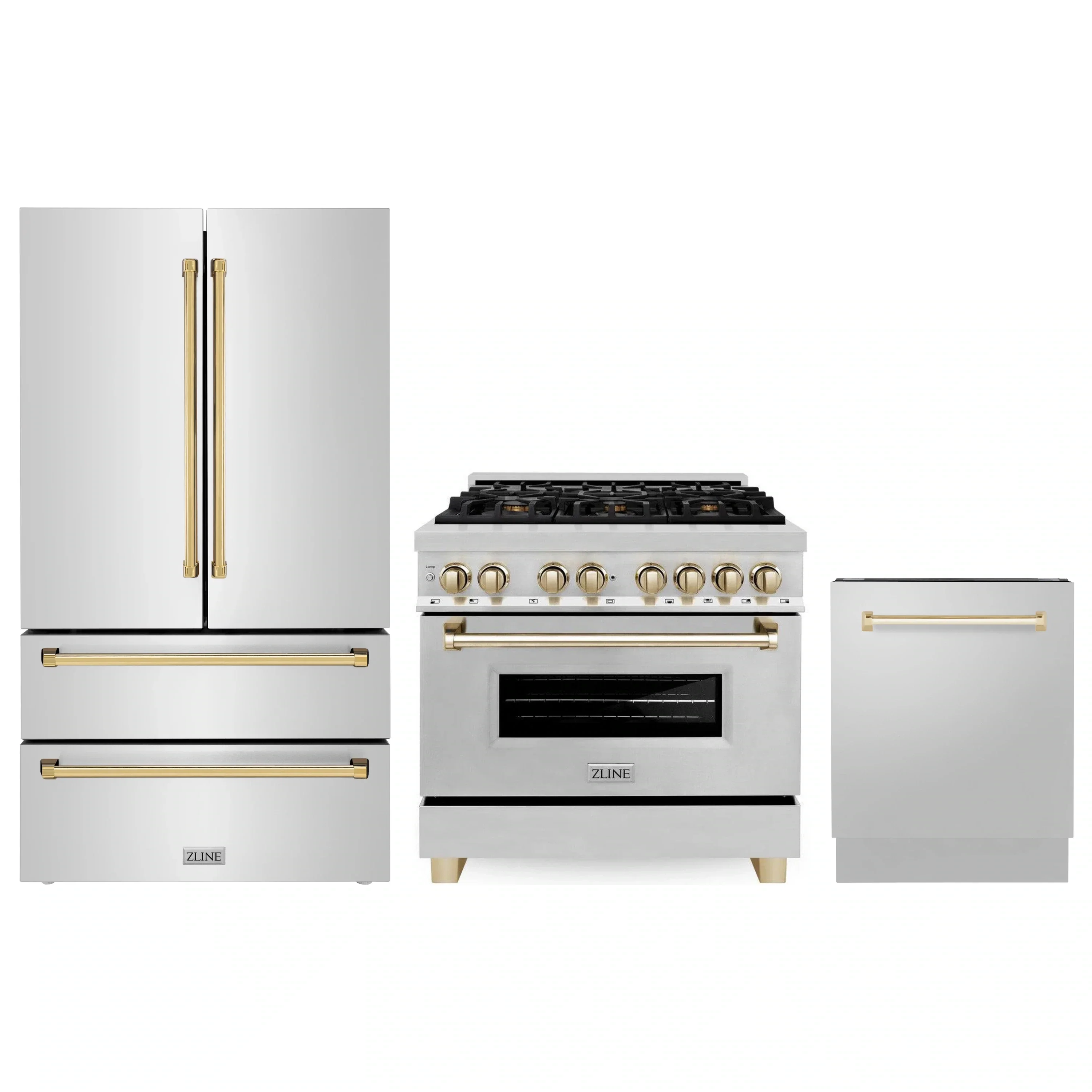 ZLINE 3-Piece Appliance Package - 36-Inch Legacy Autograph Dual Fuel Range, 36-Inch French Door Refrigerator, Dishwasher, in Stainless Steel with Gold Accents - Image 56