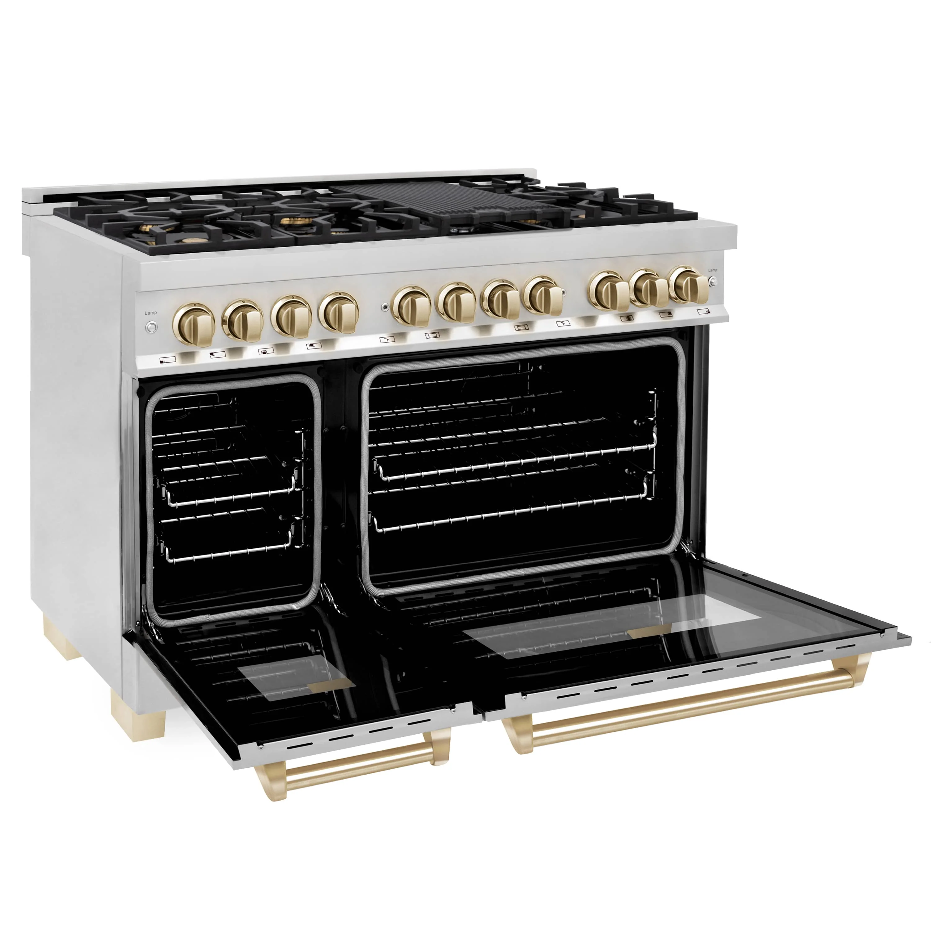 ZLINE 3-Piece Appliance Package - 48-Inch Legacy Autograph Dual Fuel Range, 36-Inch French Door Refrigerator with Water Dispenser, Dishwasher, in Stainless Steel with Gold Accents - Image 7