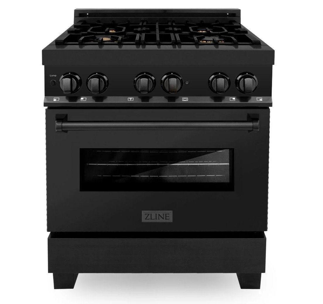 ZLINE 3-Piece Appliance Package - 30-inch Dual Fuel Range with Brass Burners, 36-inch Refrigerator, Over the Range Microwave/Vent Hood Combo in Black Stainless Steel (3KPR-RABOTRH30) - Image 2