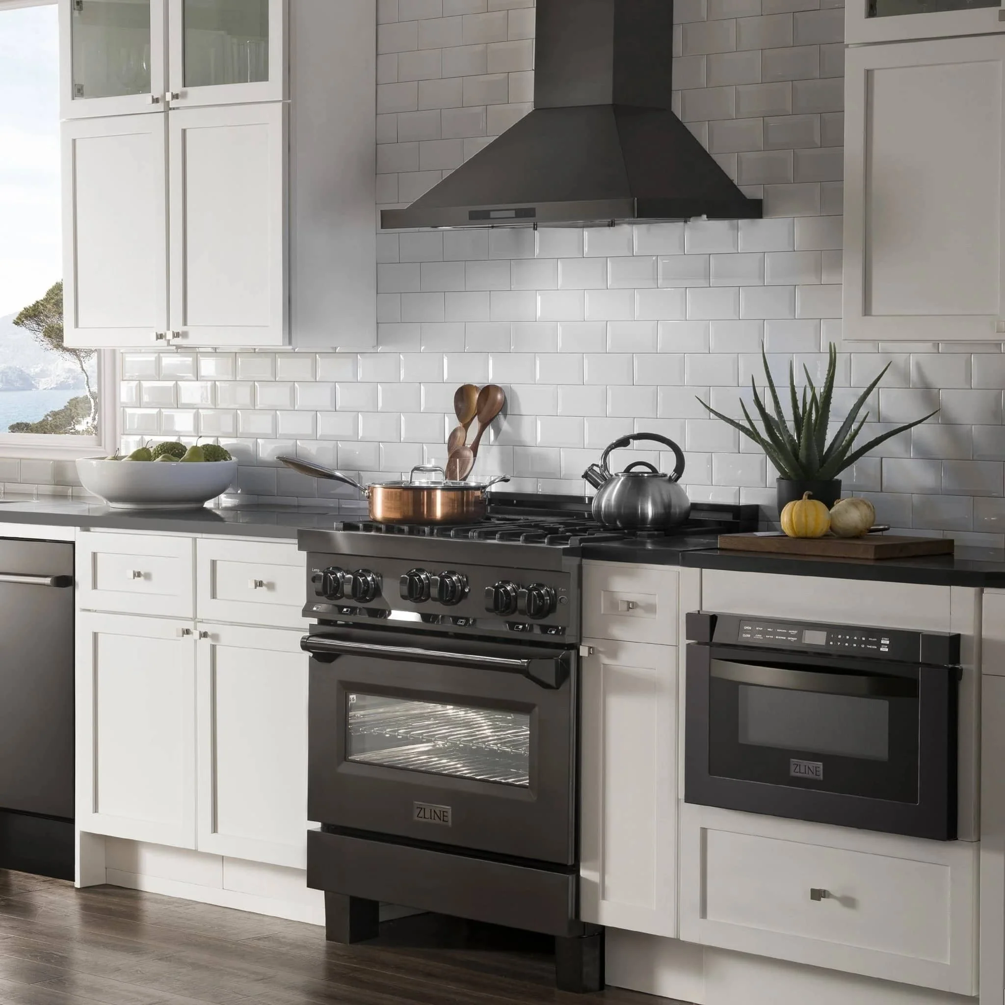 ZLINE 3-Piece Appliance Package - 30-Inch Dual Fuel Range with Brass Burners, 24-Inch Microwave Oven & Convertible Wall Mount Hood in Black Stainless Steel (3KP-RABRHMWO-30) - Image 3
