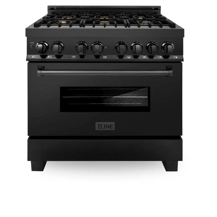 ZLINE 3-Piece Appliance Package - 36-inch Dual Fuel Range with Brass Burners, Premium Convertible Range Hood & Microwave Drawer in Black Stainless Steel (3KP-RABRH36-MW) - Image 3