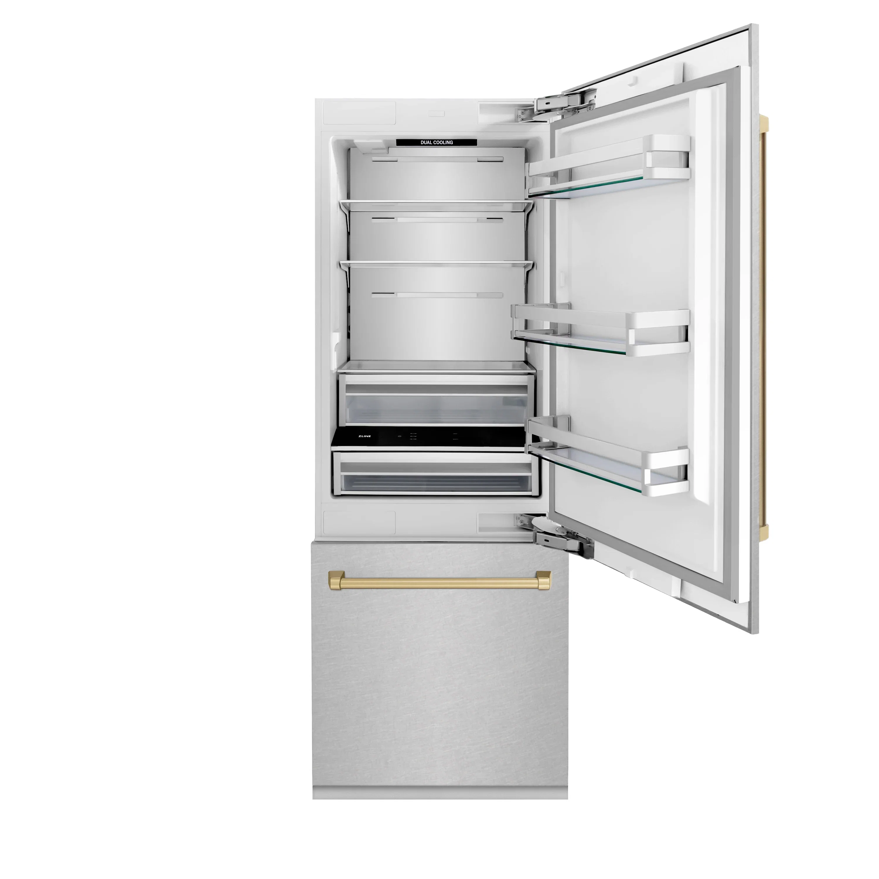 ZLINE 30-Inch Autograph Edition 16.1 cu. ft. Built-in 2-Door Bottom Freezer Refrigerator with Internal Water and Ice Dispenser in Fingerprint Resistant Stainless Steel with Champagne Bronze Accents (RBIVZ-SN-30-CB) - Image 4